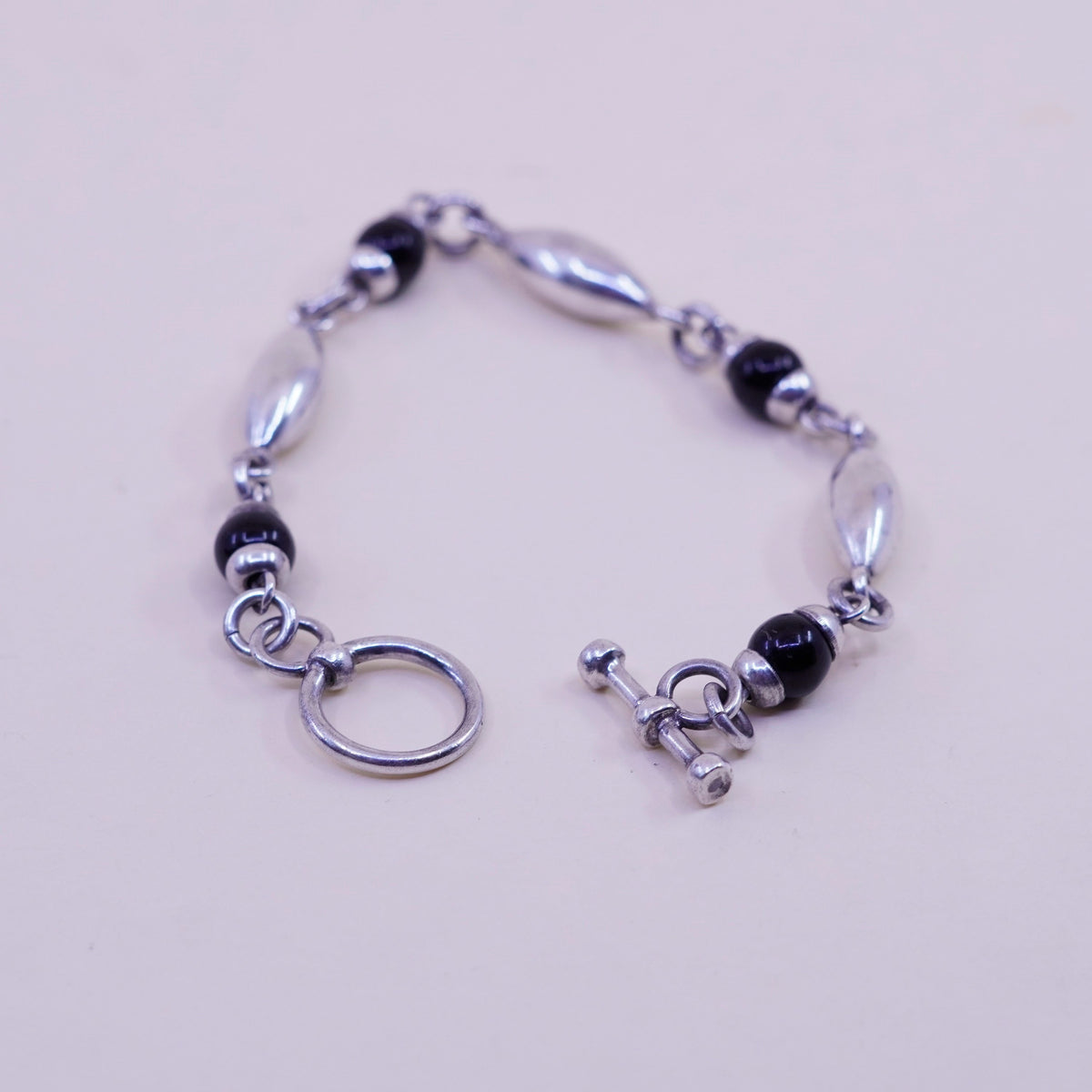 7”, Vintage Mexico Sterling 925 silver marquise shaped bracelet obsidian beads