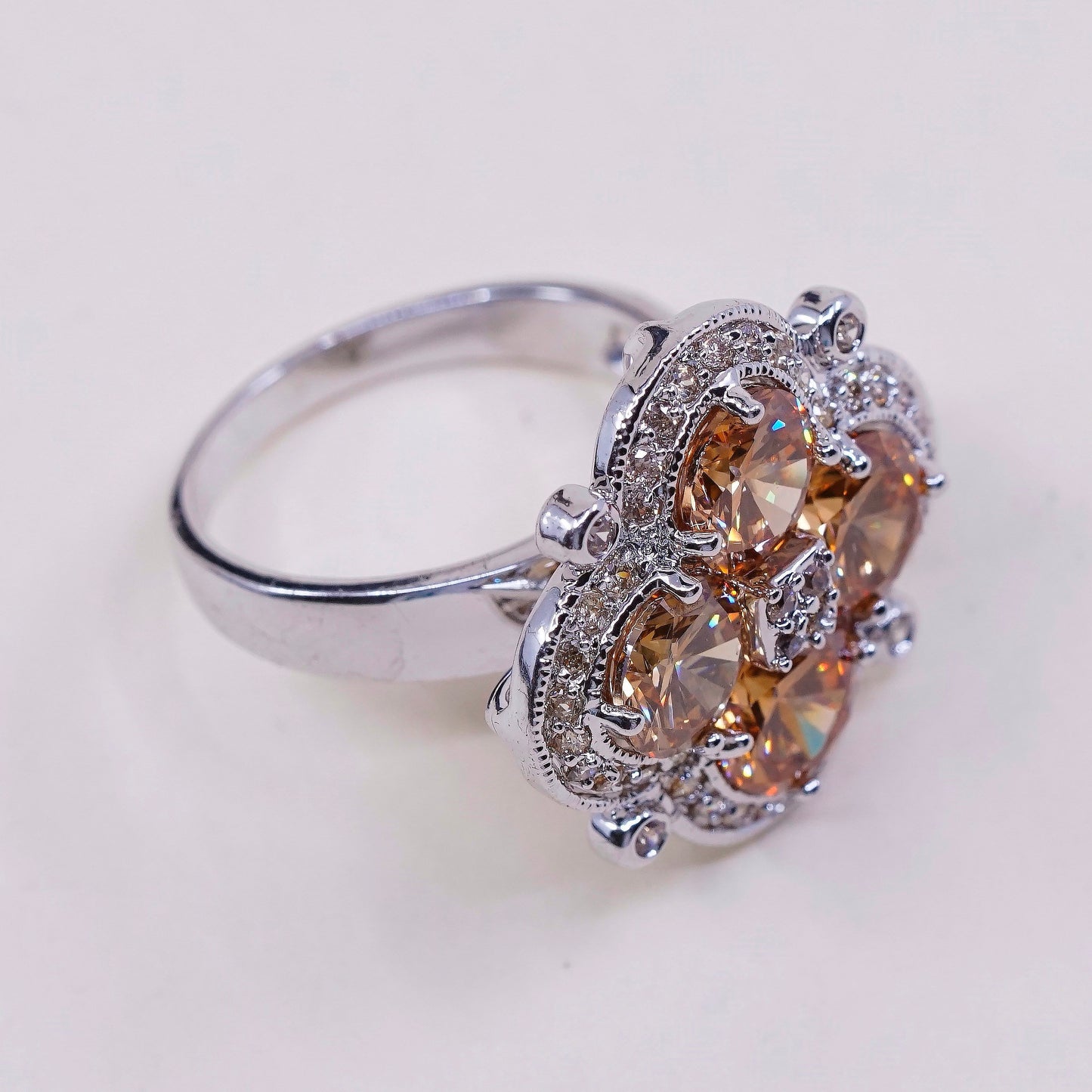 sz 8, vtg sterling 925 silver citrine flower ring, statement, cocktail ring