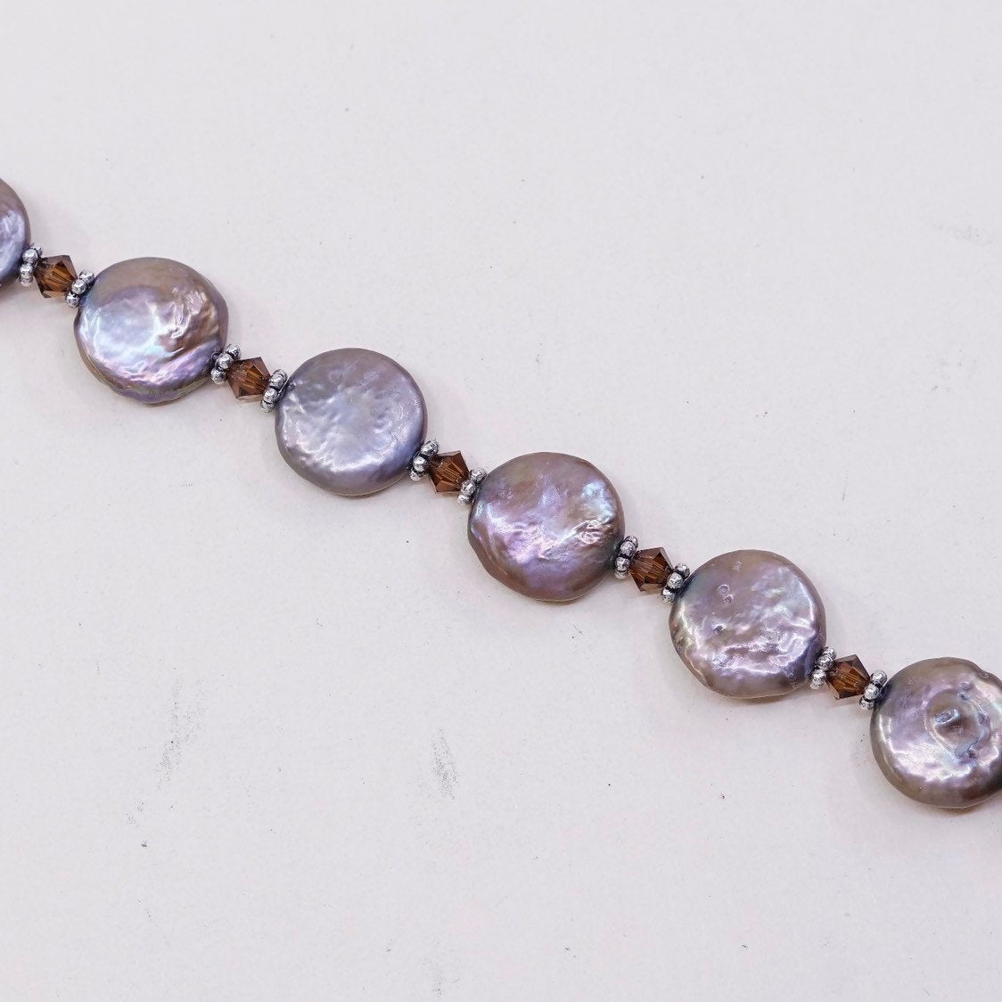 6.75", VTG handmade silver Tone bracelet, purple grayish pearl beads w/ toggle