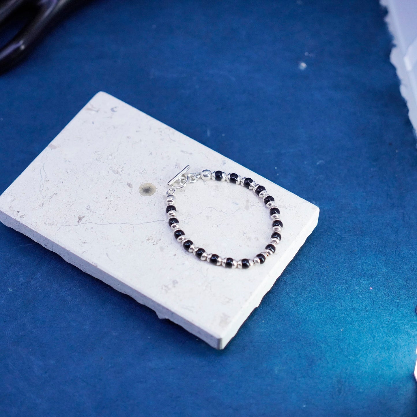 6.75”, vintage sterling 925 silver handmade bracelet with obsidian beads