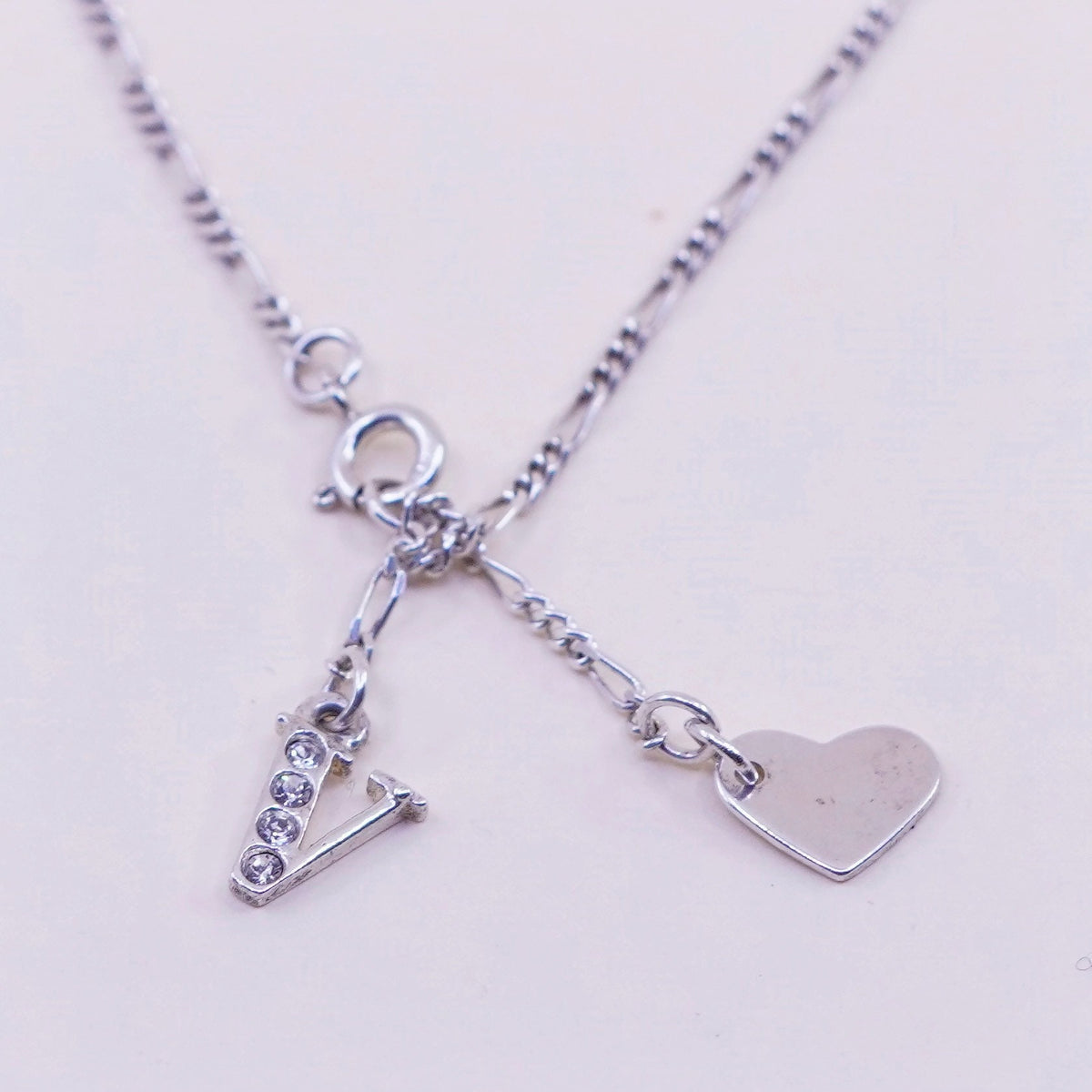 9.25”, sterling silver bracelet, Italy 925 chain, figaro anklet initial A heart
