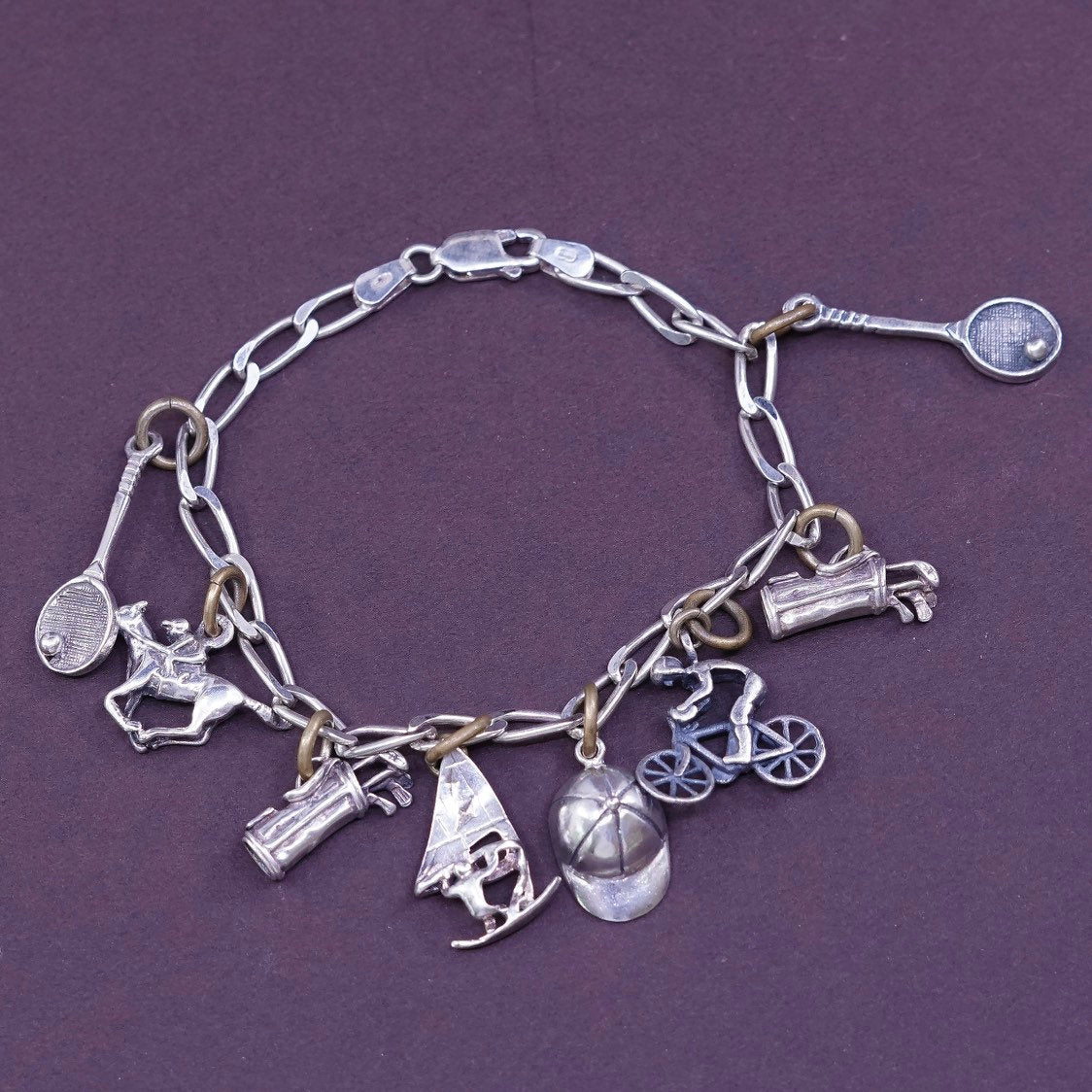 6.5”, Sterling silver handmade bracelet, 925 curb chain w/ tennis racket charm