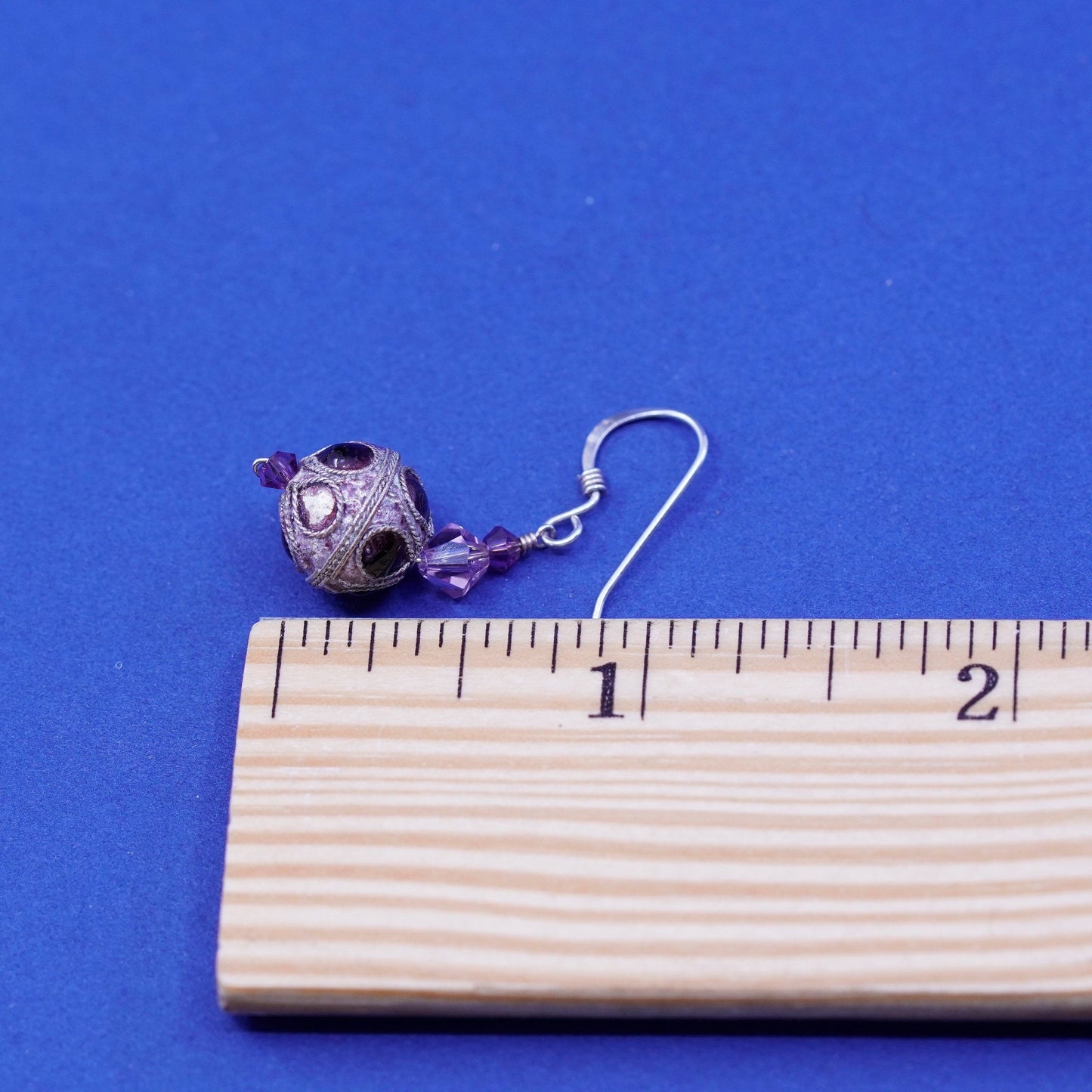 Vintage sterling silver handmade earrings, 925 filigree Bali enamel drop