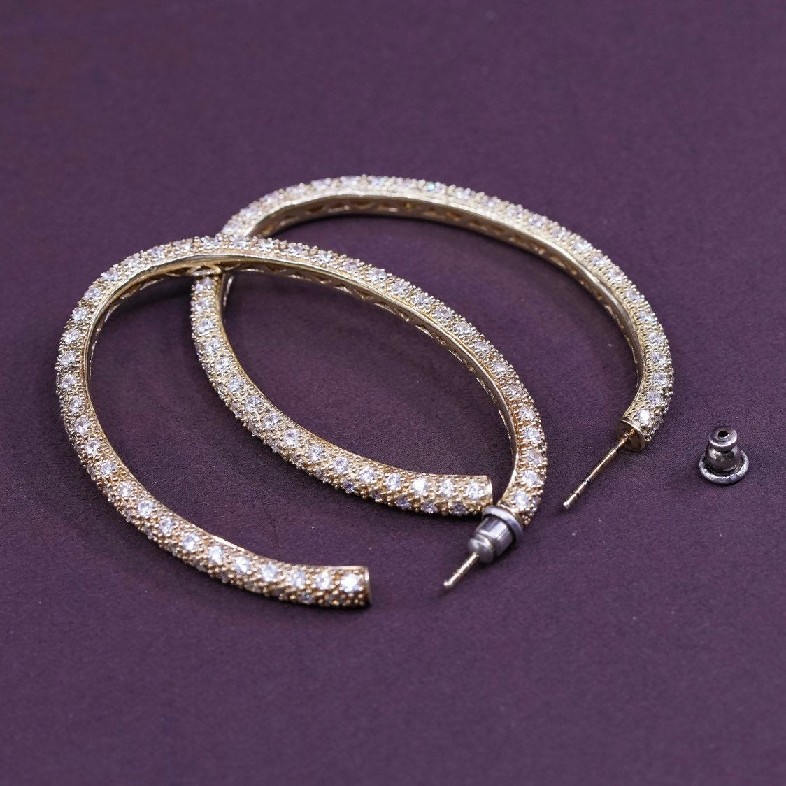 2.25" Vermeil gold over Sterling silver hoops 925 huggie earrings w/ cluster Cz