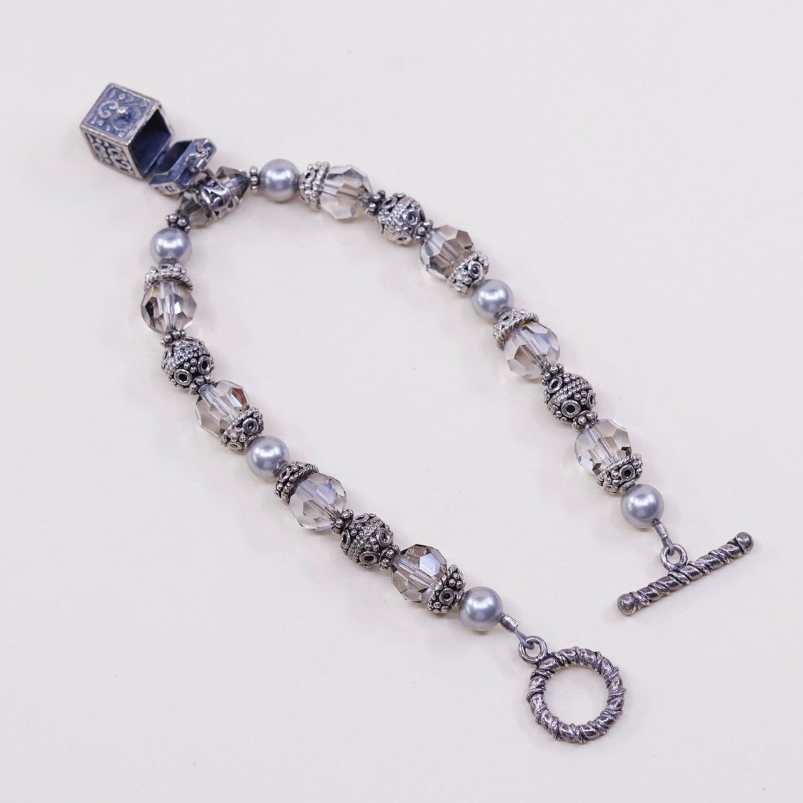 7", Sterling silver handmade bracelet 925 beads w crystal pearl N prayer locket