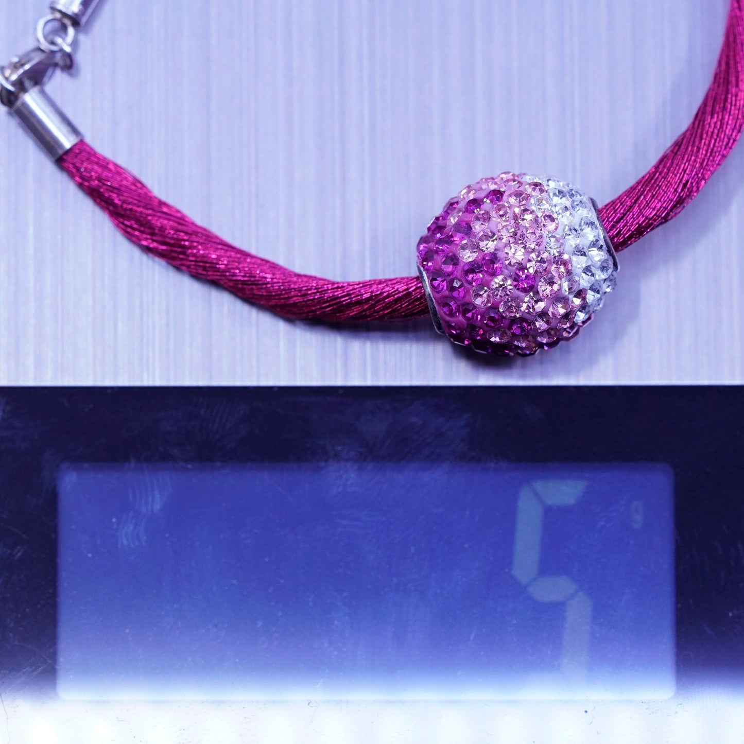 6.5”, vtg Sterling 925 silver handmade bracelet, pink silk thread chain bead
