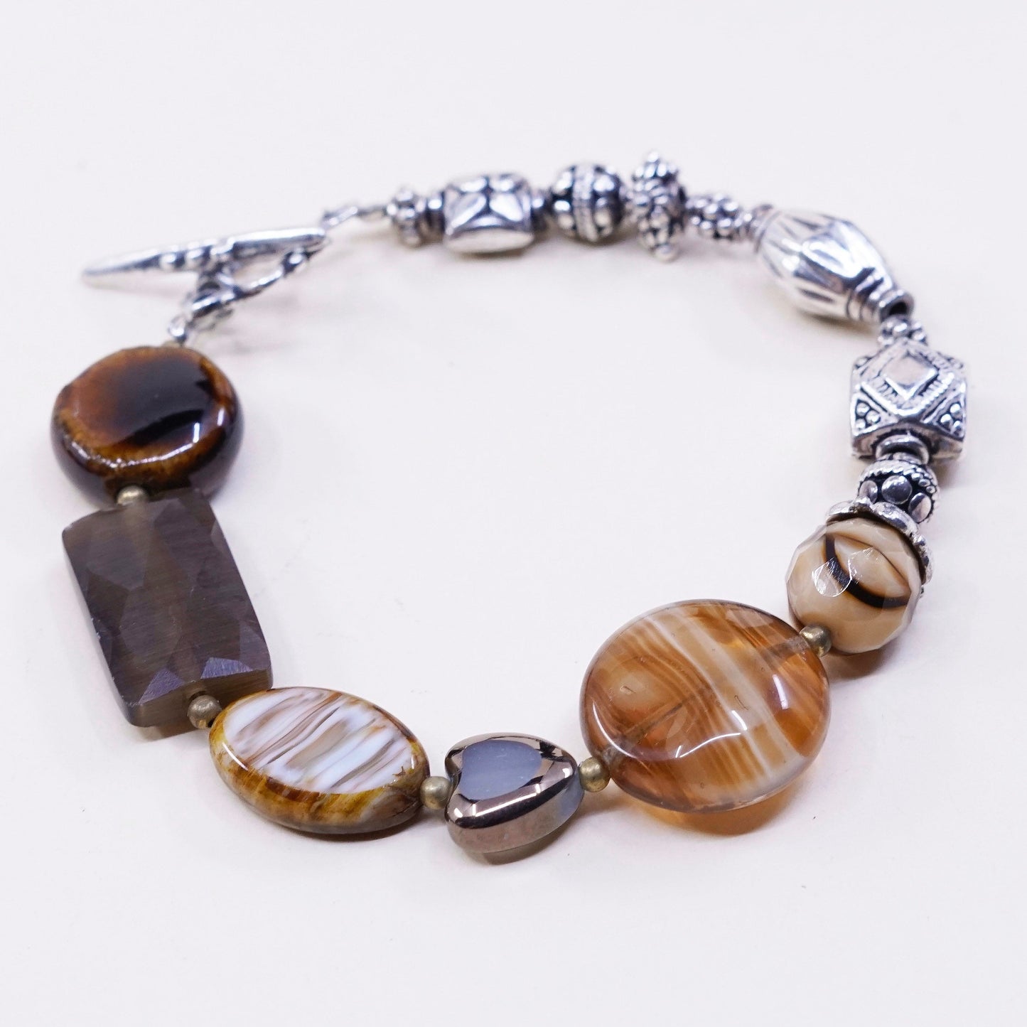 6.75”, 925 Sterling silver bar N beads bracelet with colorful artisan glass