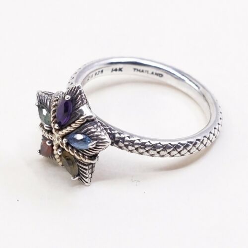 Sz 7.25, Sterling Silver handmade Ring, 925 Star W/ Crystal n 14K Gold Accent