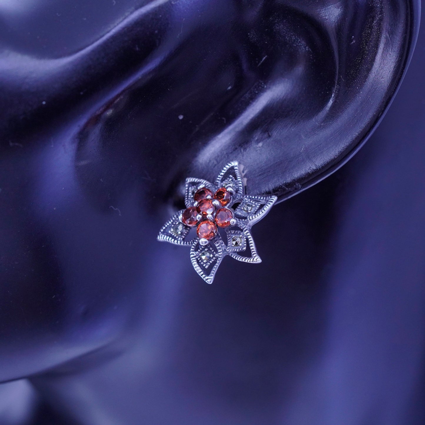 vtg Sterling 925 silver handmade earrings, flower studs with ruby and Marcasite