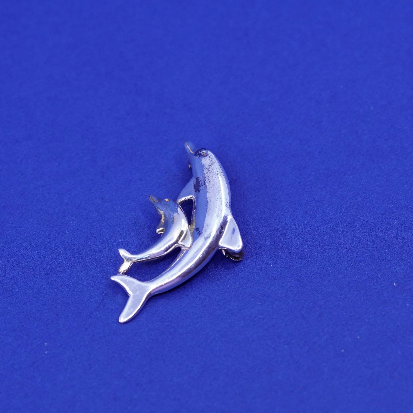 vintage Sterling 925 silver handmade brooch, mother baby dolphin pin