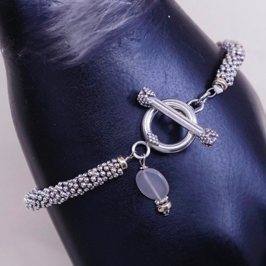 7.25", Vintage handmade bracelet, 14K beads with 925 silver beads and toggle closure, silver tested