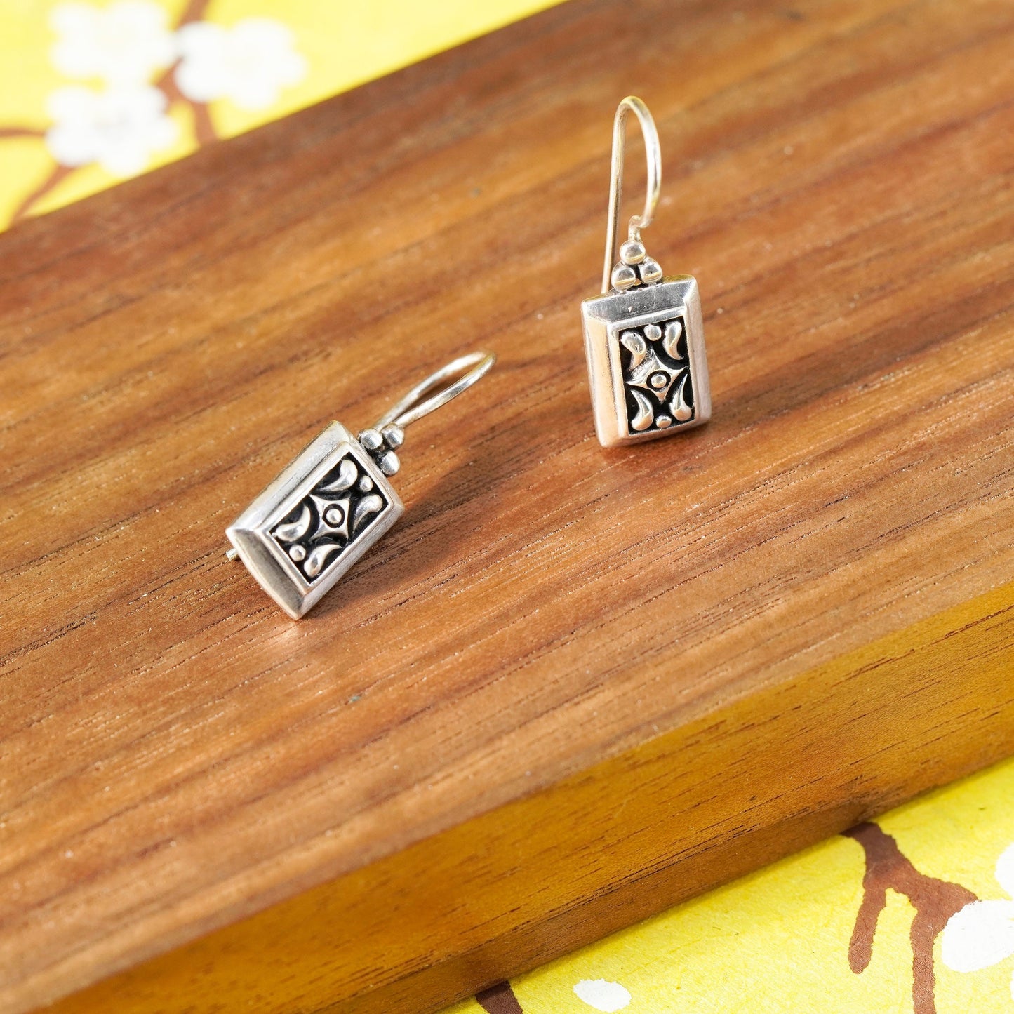 Vintage Sterling silver handmade earrings, 925 rectangular beaded dangles