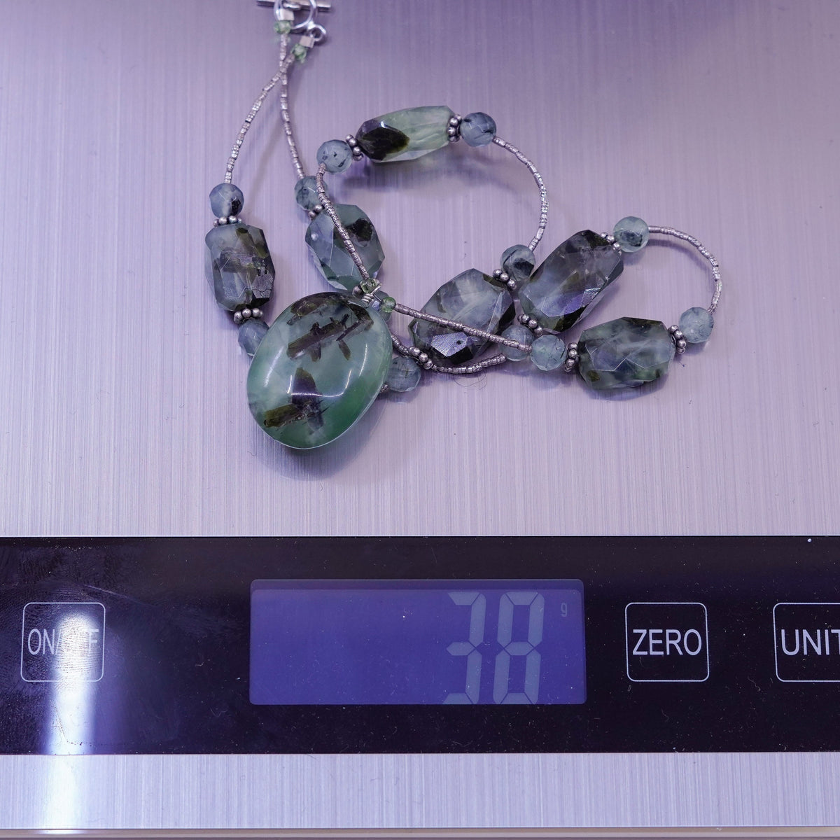 16”, vintage sterling 925 silver handmade necklace with nugget prehnite pendant