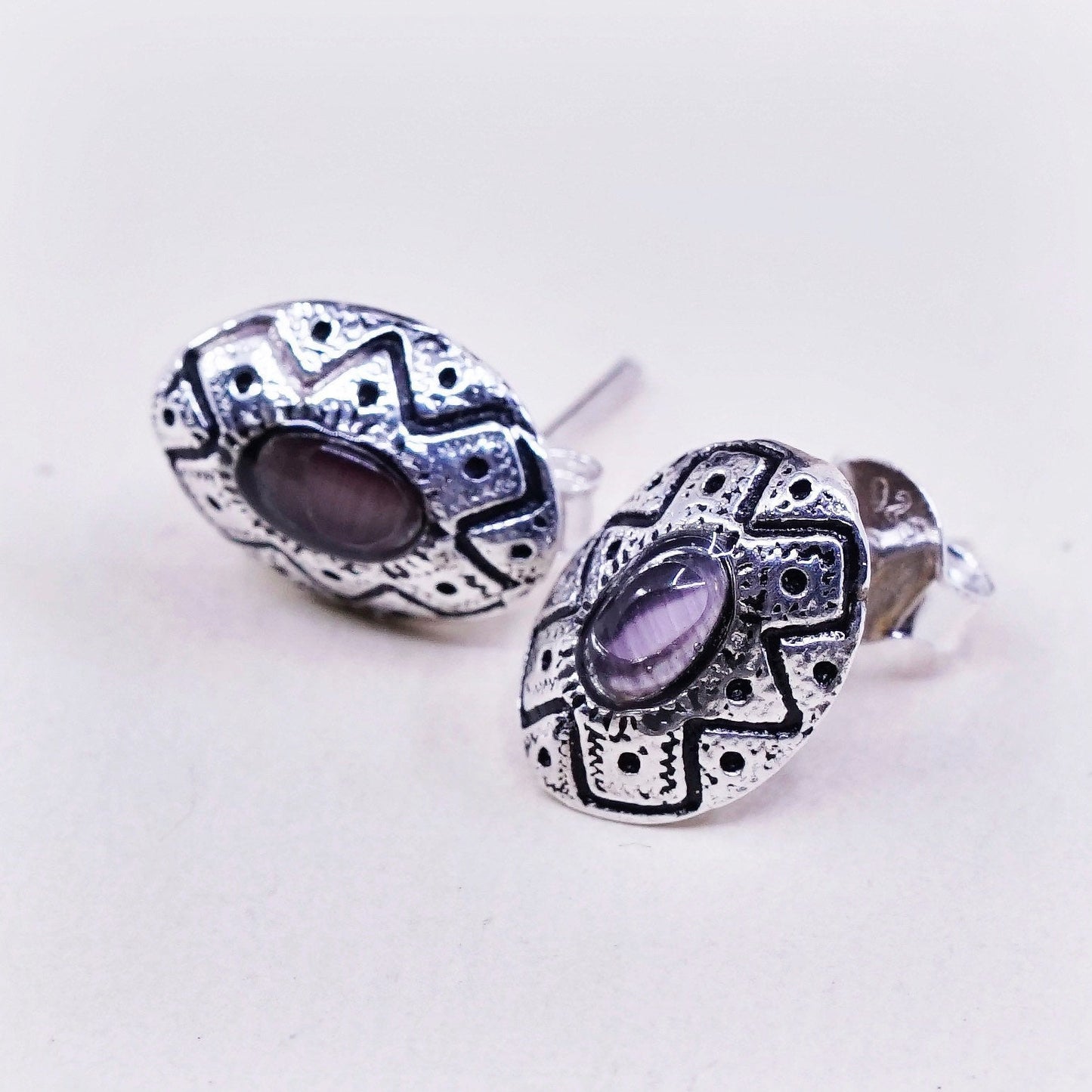 Vintage sterling silver earrings, 925 filigree studs with oval amethyst