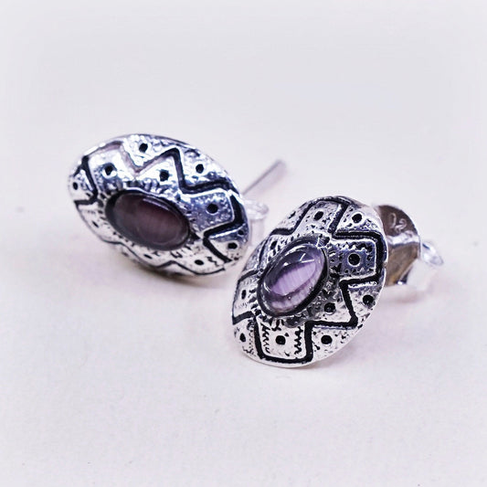 Vintage sterling silver earrings, 925 filigree studs with oval amethyst