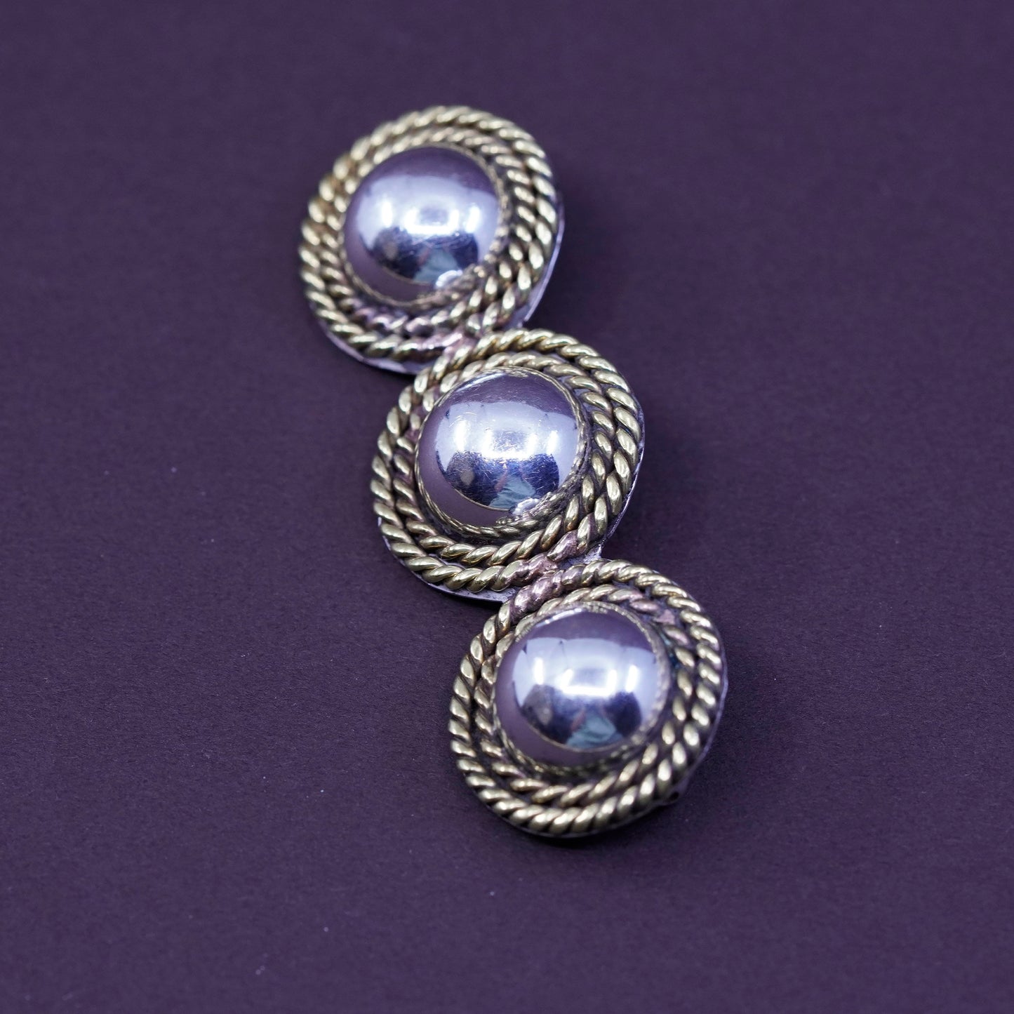 Vintage mexico handmade two tone sterling 925 silver circle brooch