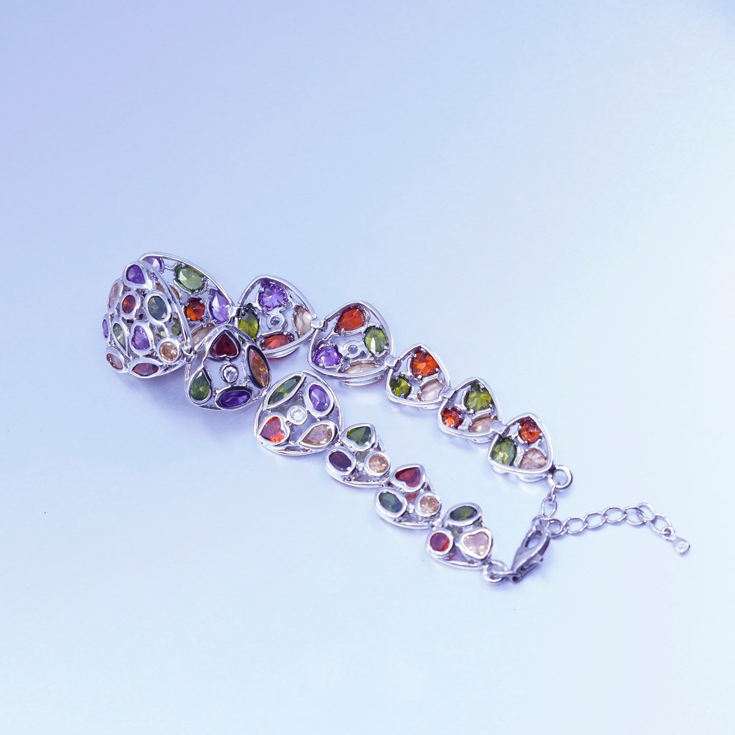 7.5+1”, Sterling 925 silver handmade bracelet chain peridot ruby amethyst cz