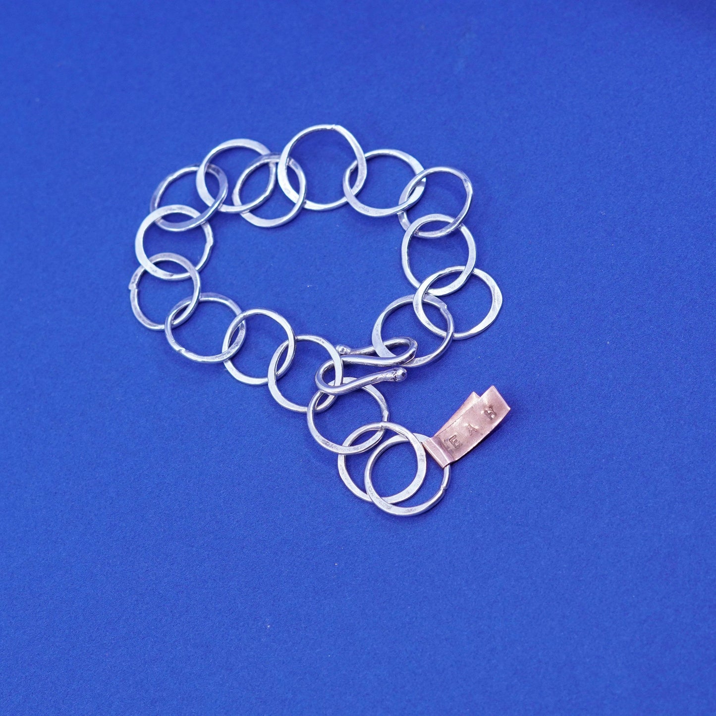 Adjustable”, Sterling silver handmade bracelet, 925 bold flatten circle chain