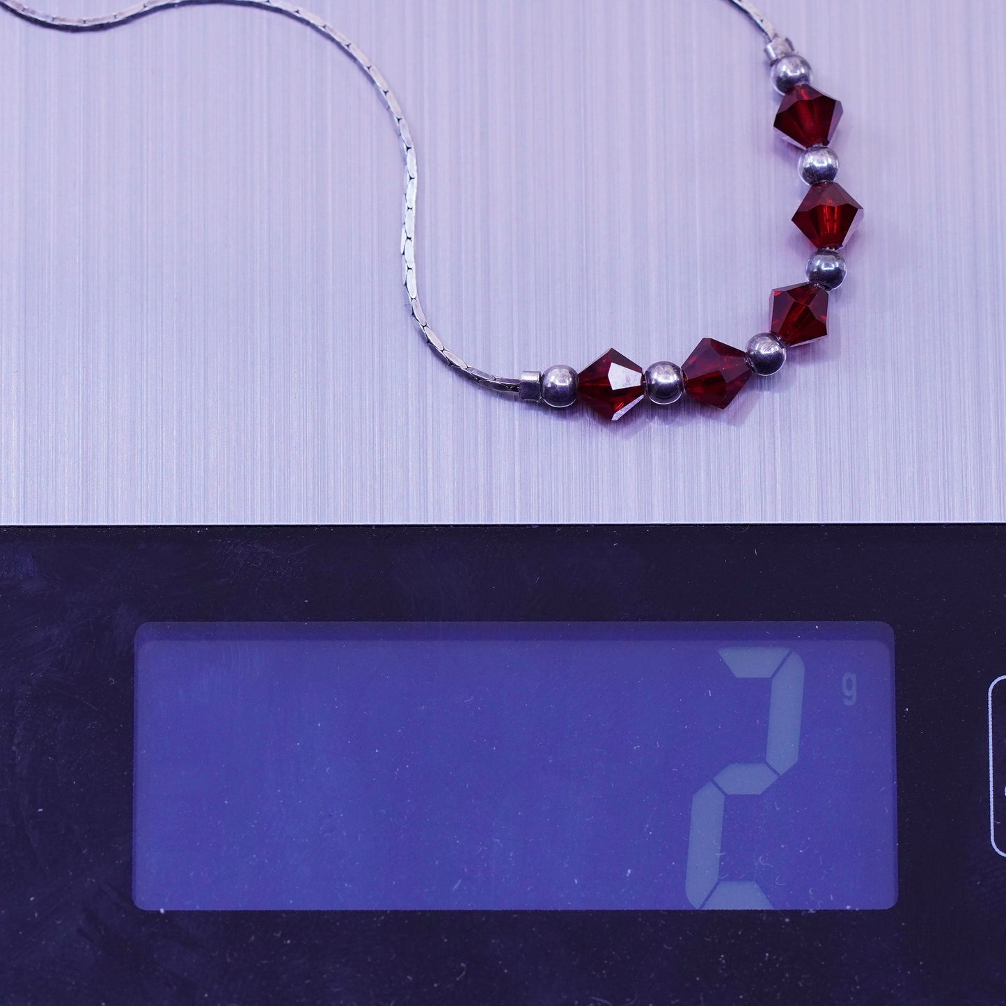 6.75”, Vintage sterling silver snake bracelet, 925 chain with ruby beads