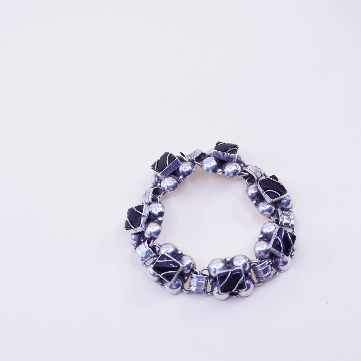 6.5”, vintage sterling 925 silver handmade tennis bracelet with obsidian beads
