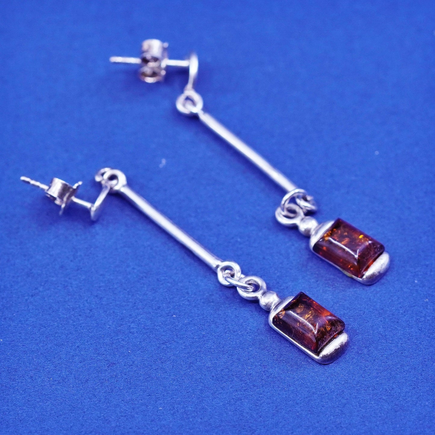 Vintage sterling 925 silver handmade long earrings with rectangular amber