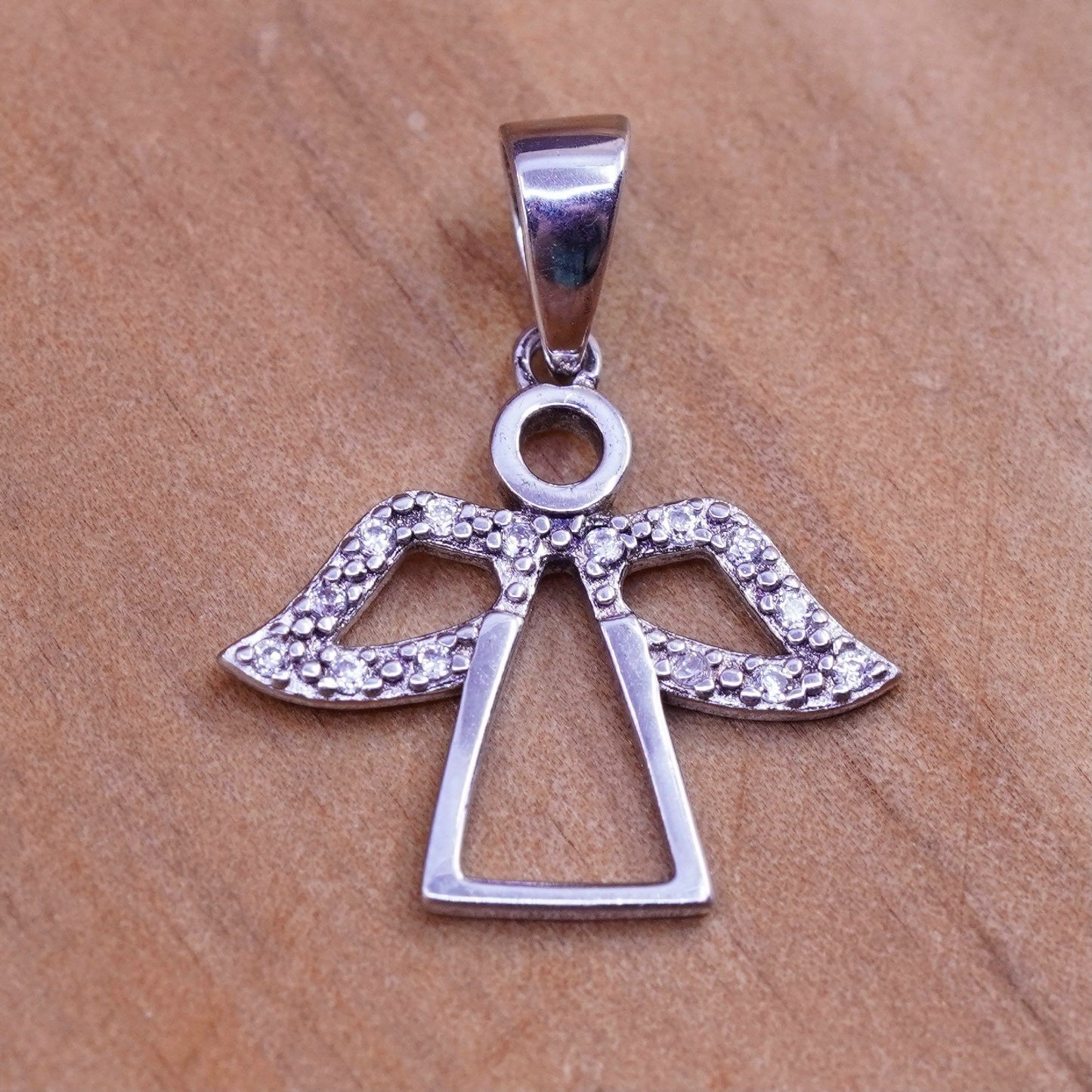 Vintage Sterling silver handmade pendant, 925 angel charm with diamond