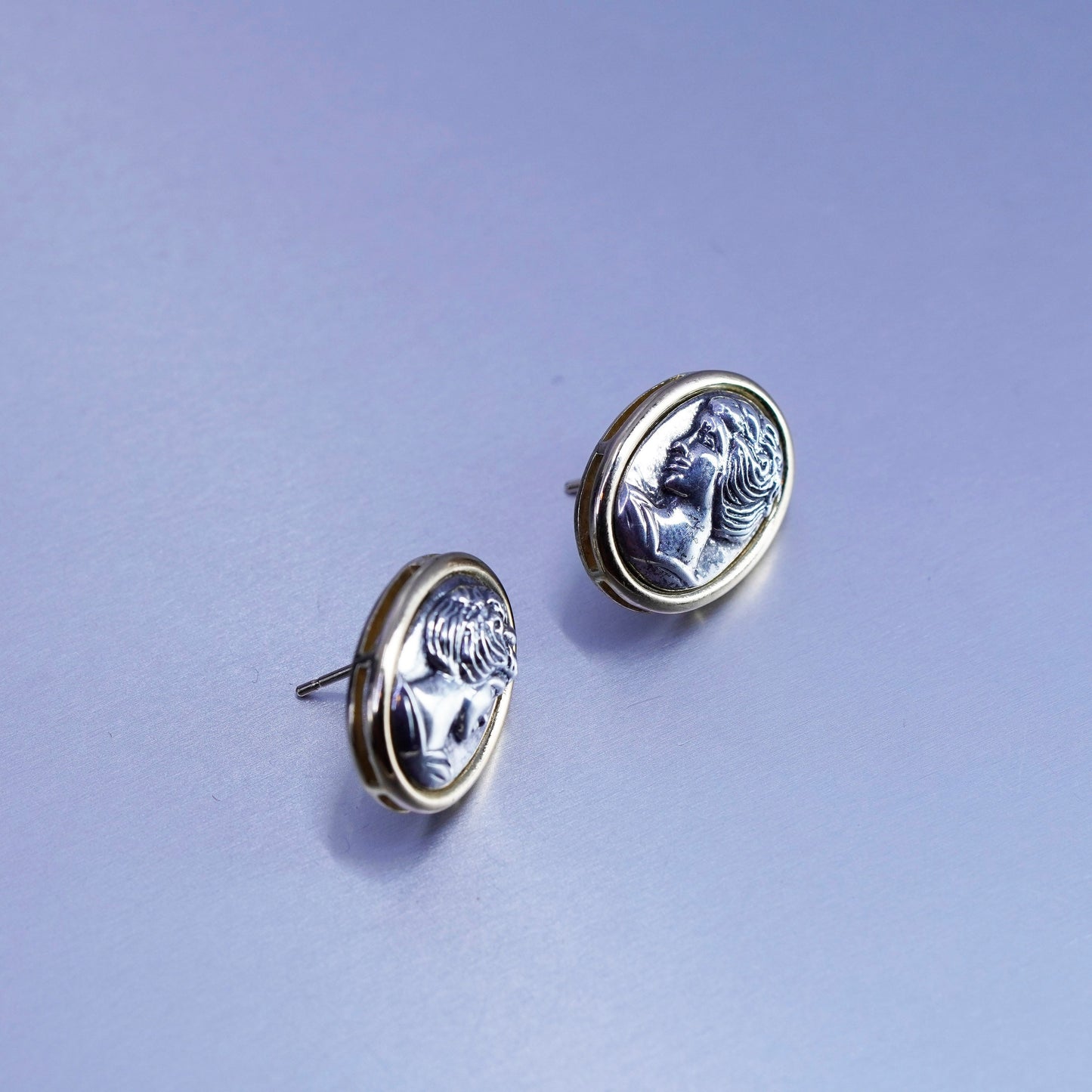 Vintage two tone Sterling 925 silver handmade earrings, lady Portrait studs