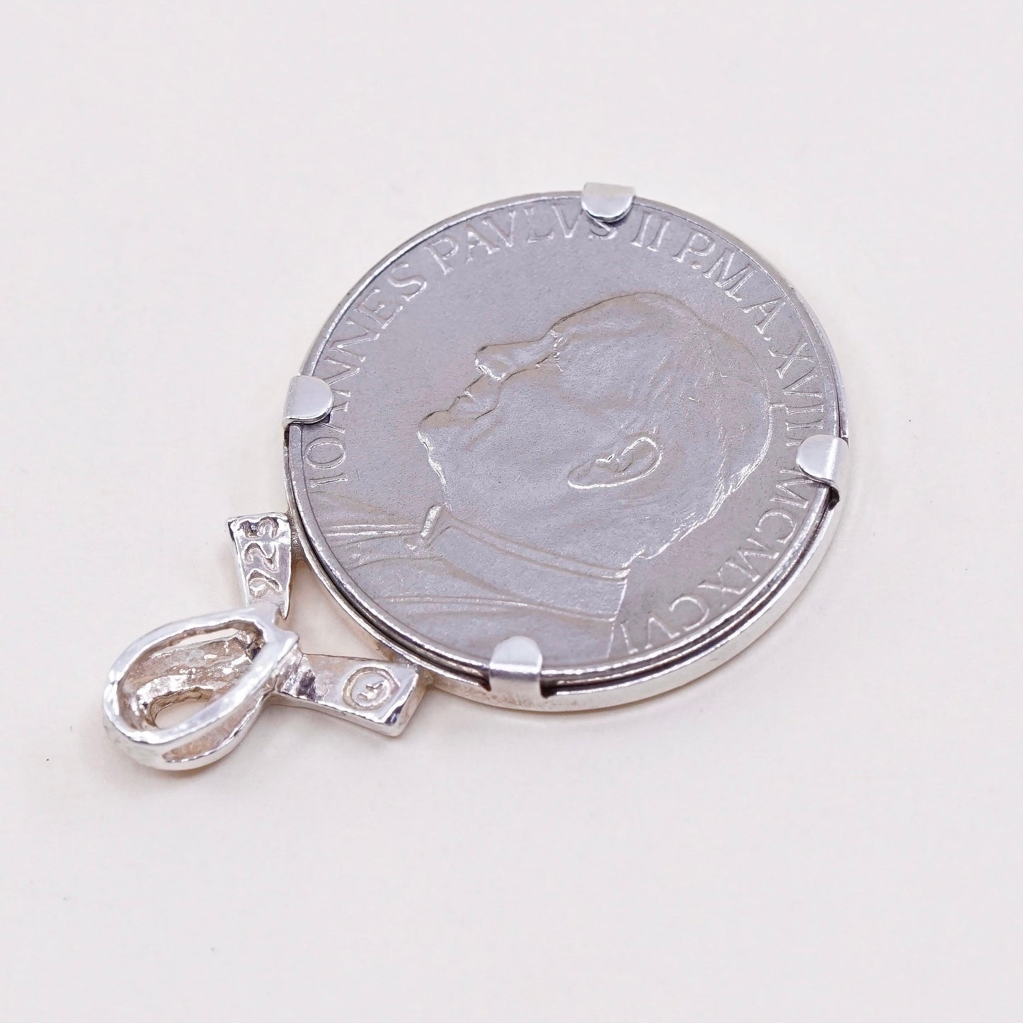 Sterling 925 silver handmade ribbon pendant, Citta Del Vaticano 50 coin charm