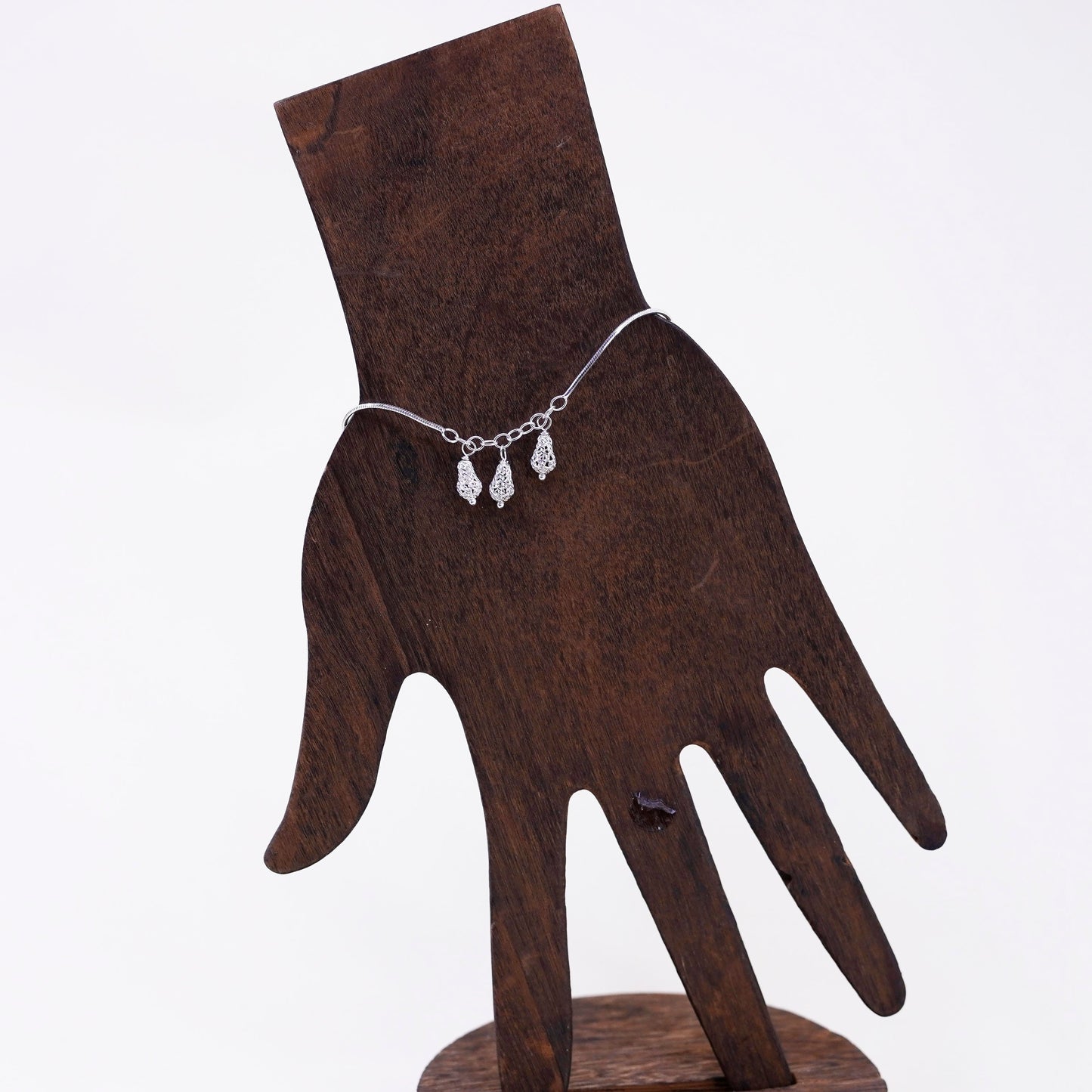 7”, vintage Sterling silver bracelet, 925 snake chain filigree teardrop charm