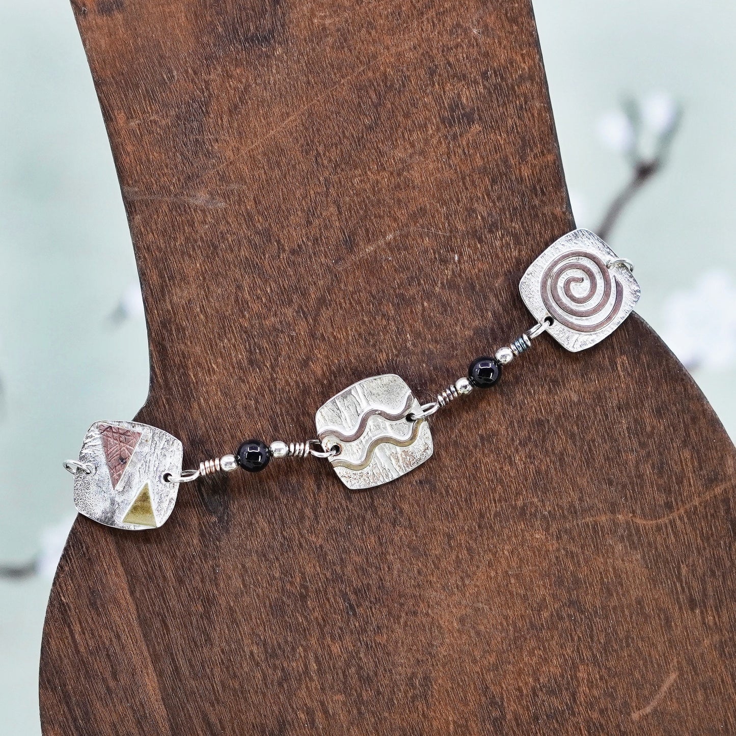 6.75”, Vintage sterling 925 silver square discs bracelet with copper shapes
