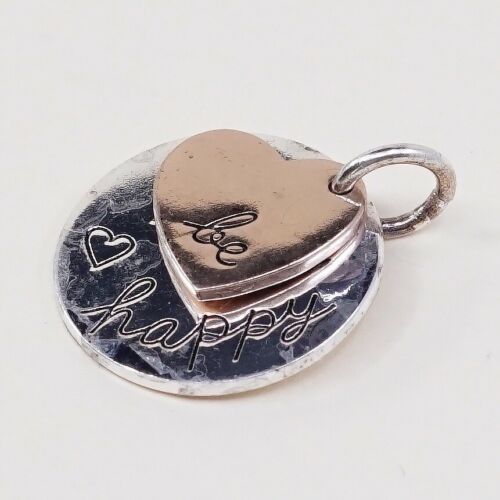 Vintage Two Tone Sterling Silver Pendant, 925 Quote Tag “be Happy” Copper Heart