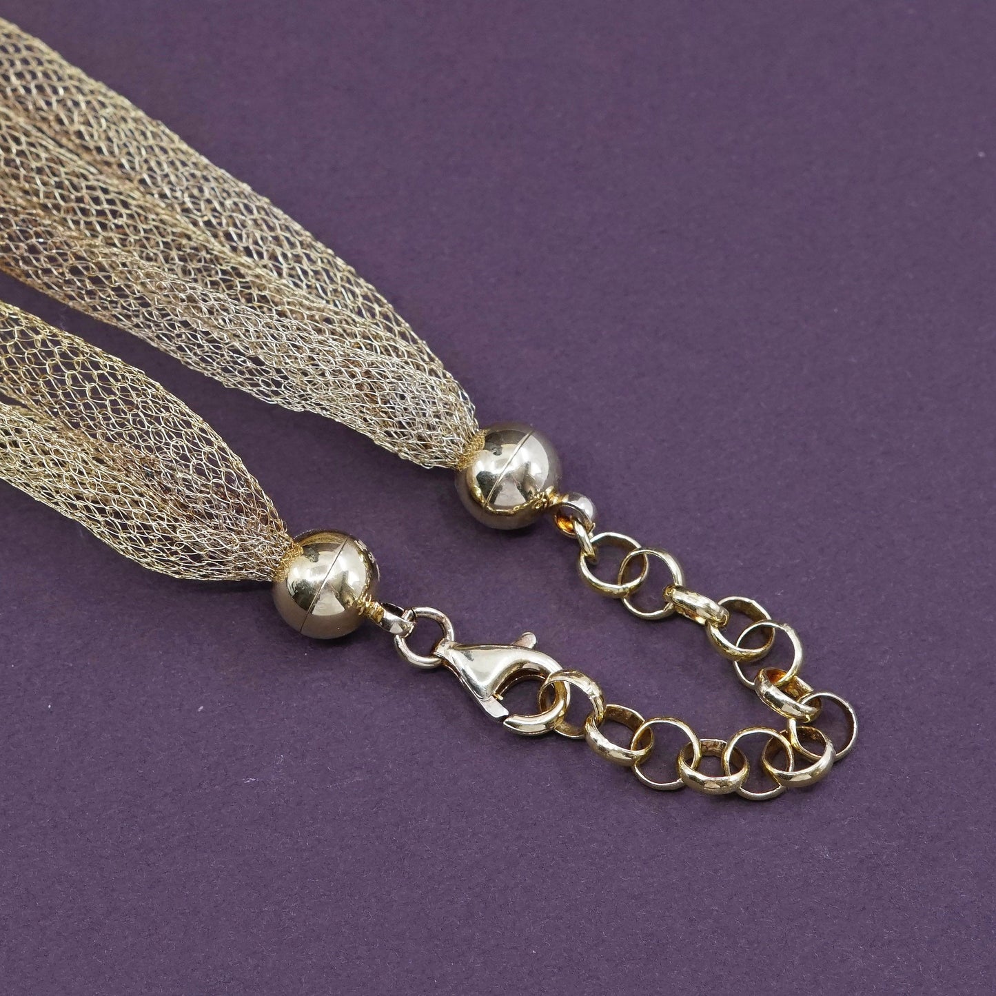 18+2”, vintage italy Sterling silver mesh chain with bead, vermeil gold over