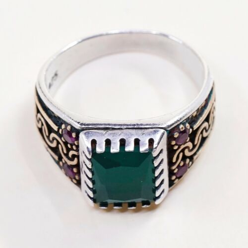 Sz 11 Vtg Two Tone Sterling 925 Silver Handmade Statement Ring W/ Emerald N Ruby