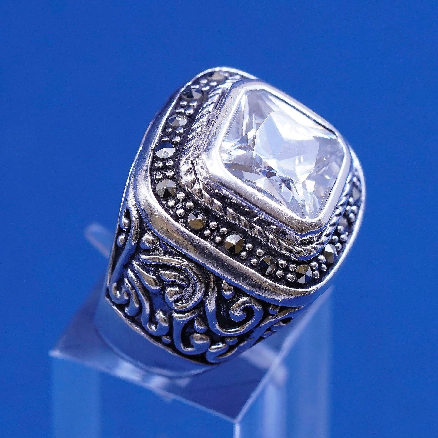sz 7, vtg Sterling silver handmade statement ring, 925 w/ Cz N marcasite