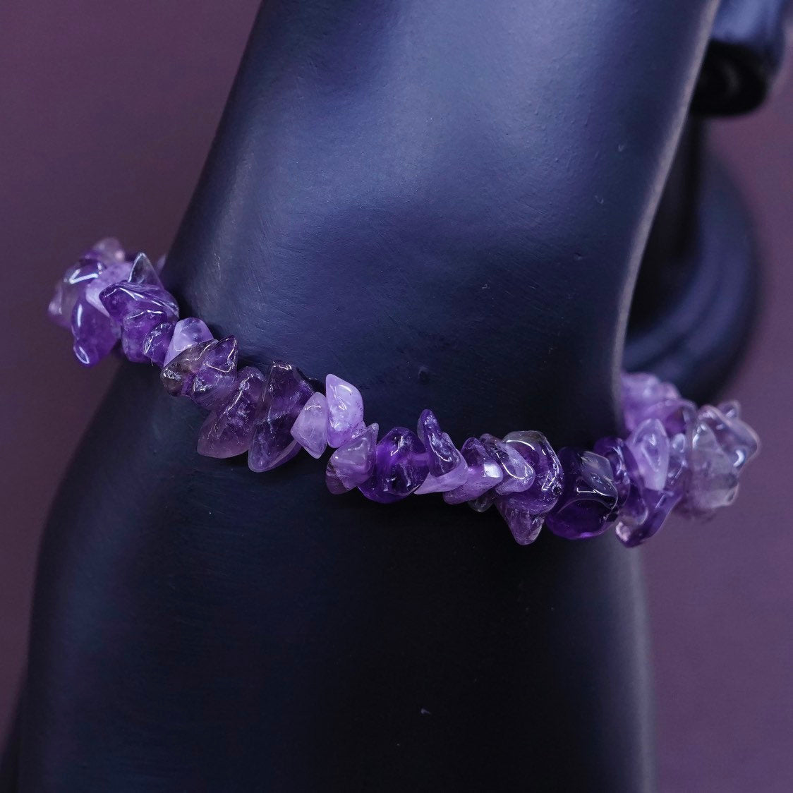 6.25”, vtg Sterling silver handmade bracelet, irregular amethyst beads bracelet