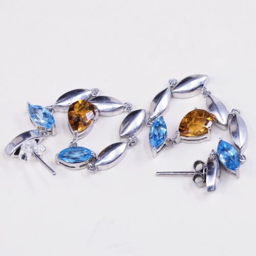 sterling silver handmade earrings, 925 Long Drops w/ teardrop blue topaz Citrine