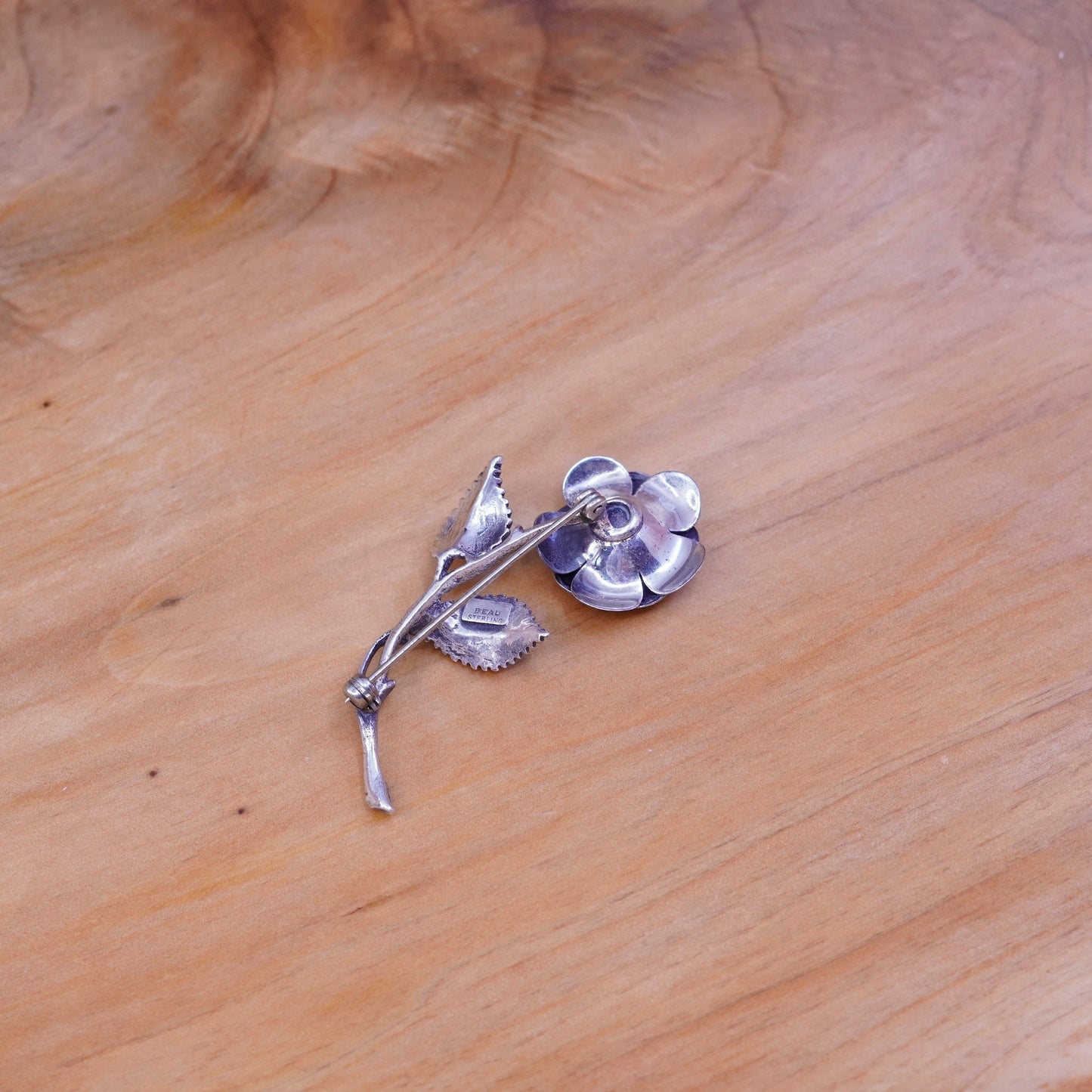 Vintage beau handmade sterling 925 silver rose flower brooch
