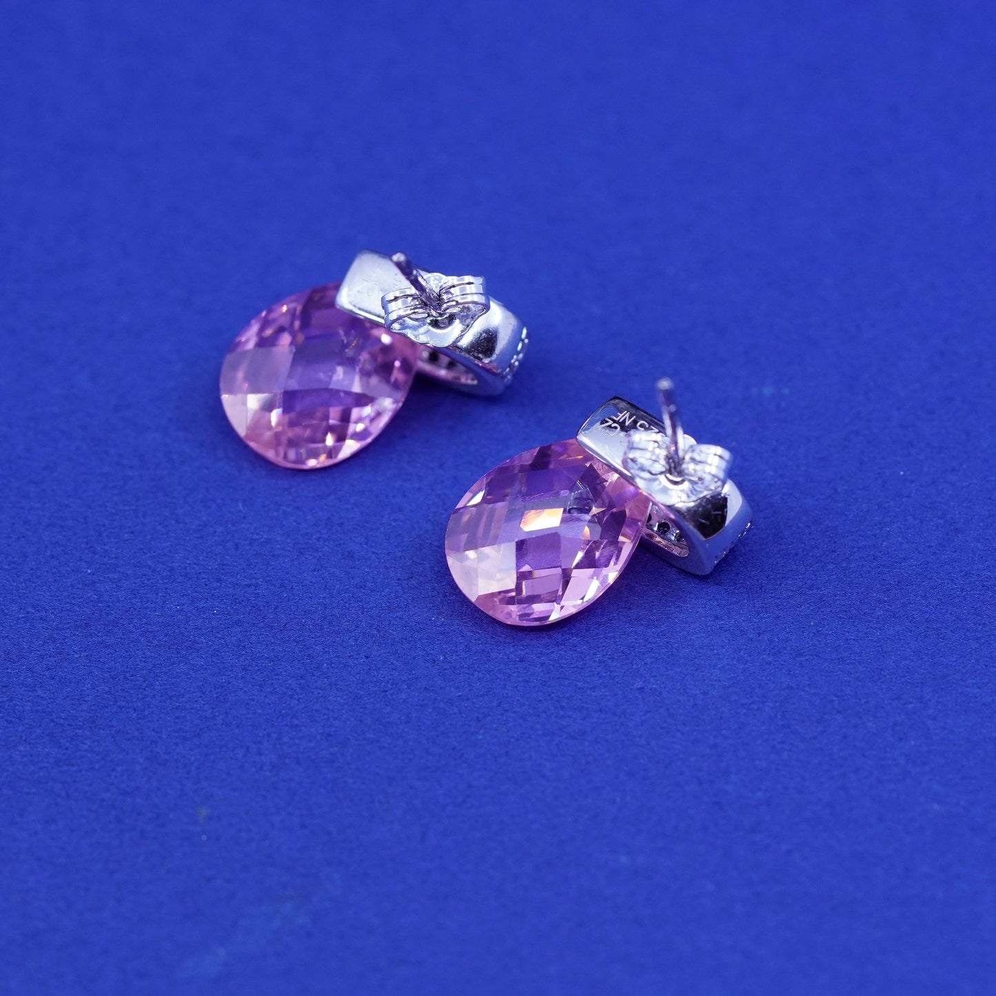 Vintage Sterling 925 silver handmade earrings with pink crystal drop and Cz
