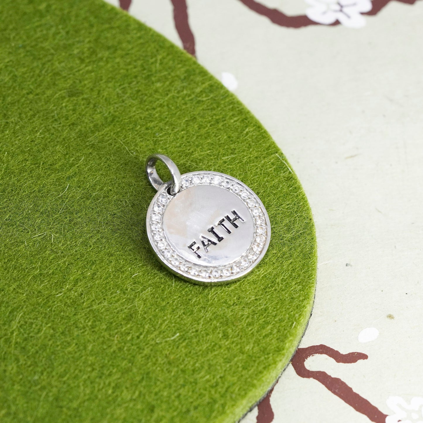 Vintage handmade Sterling silver pendant, 925 circle with cross “faith” and cz