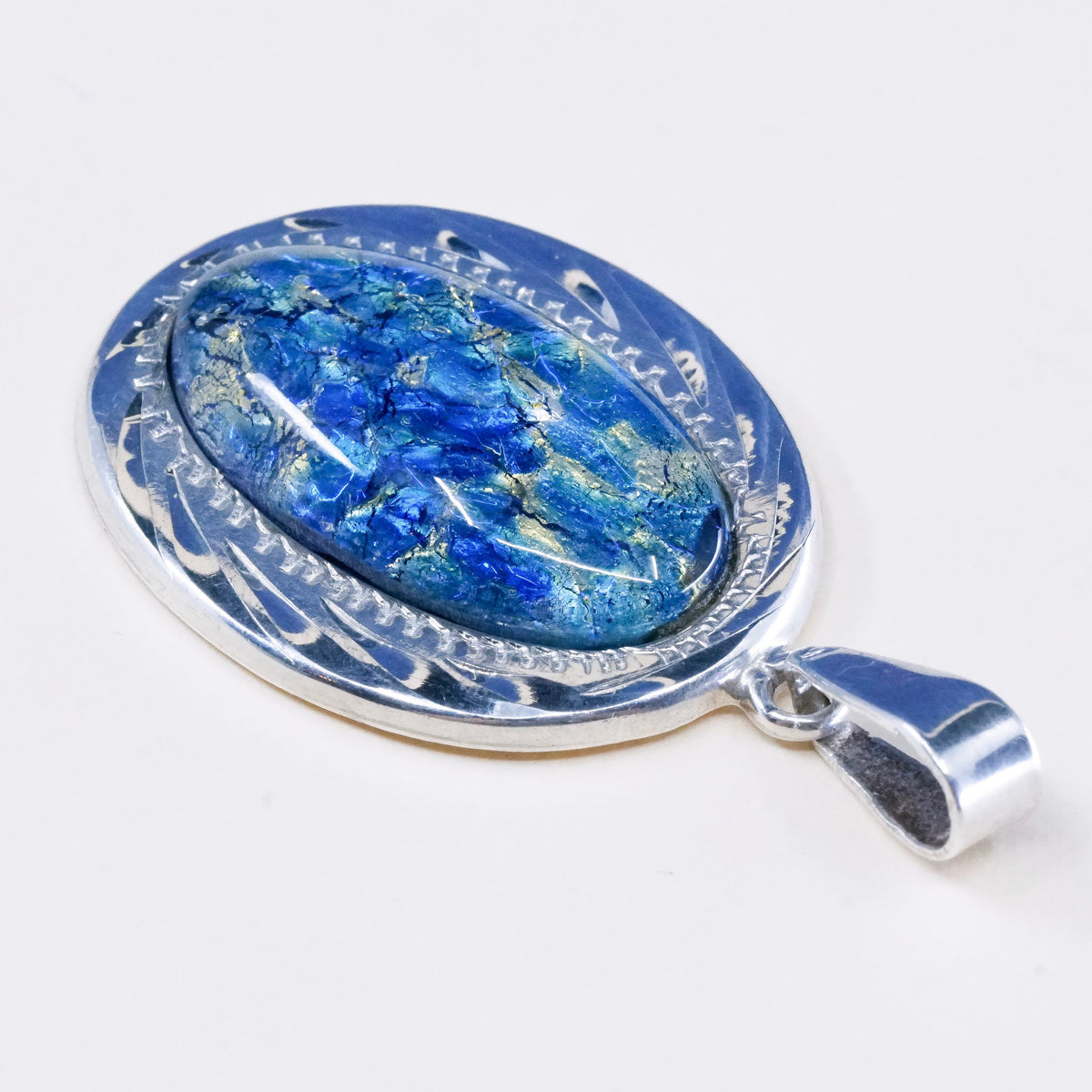 vtg JLR sterling silver w/ handmade oval shaped dichroic foiled glass pendant