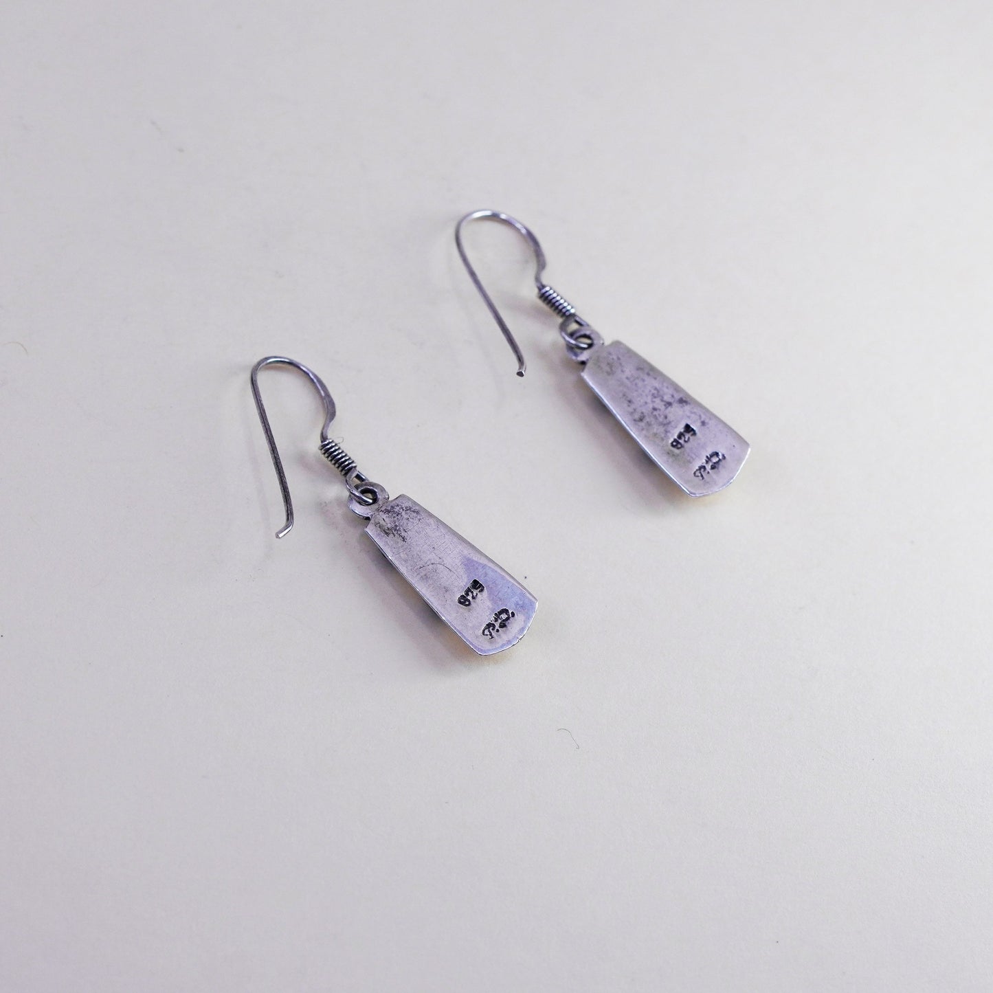 Vintage Sterling 925 silver handmade earrings with mother of pearl and obsidian