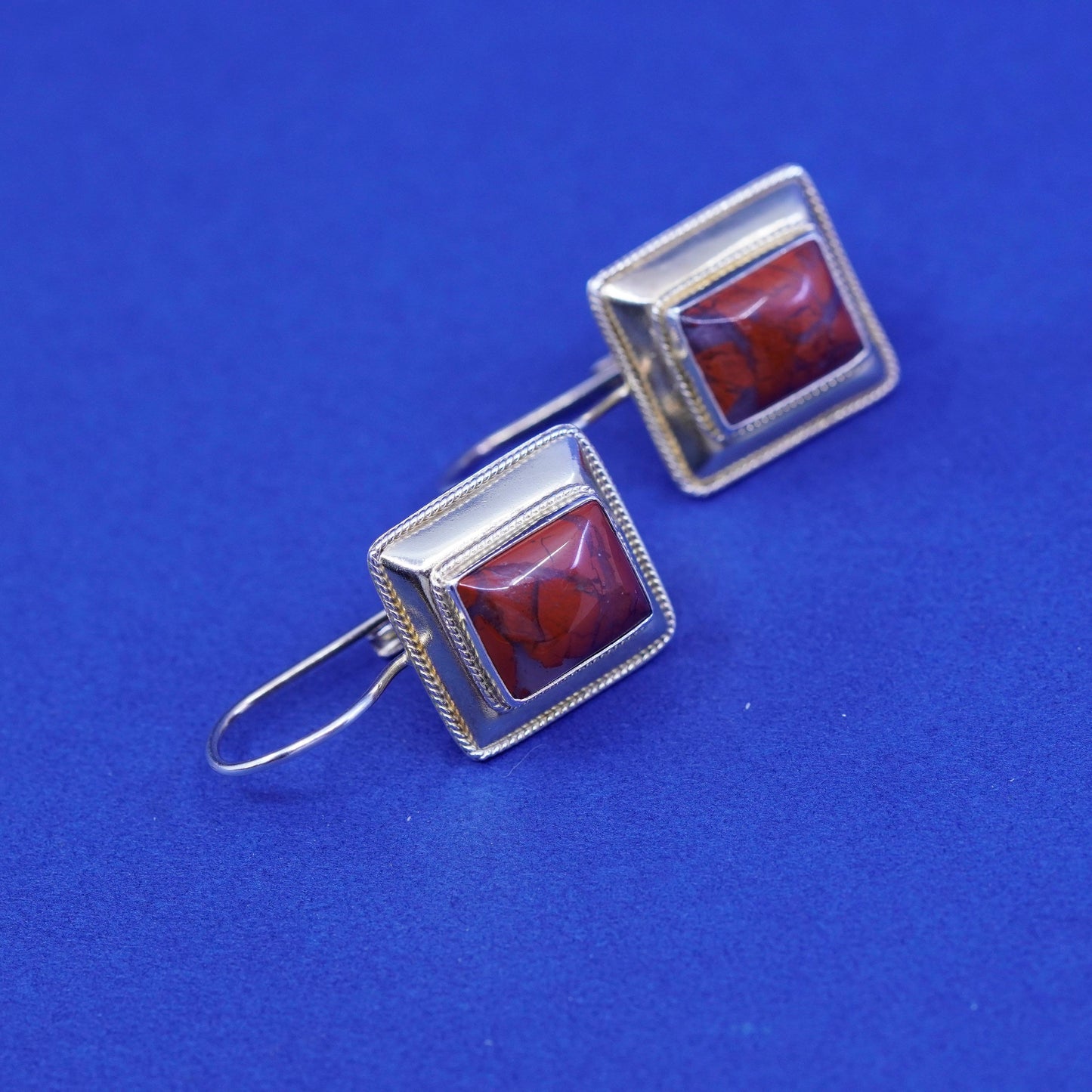 Vintage vermeil gold Sterling 925 silver handmade square earrings bloodstone