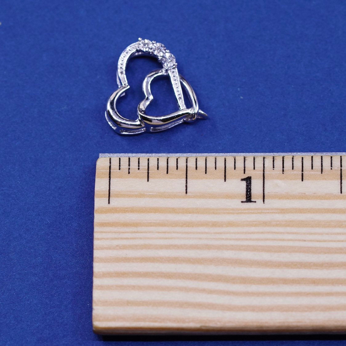 vtg Sterling silver handmade pendant, 925 double heart w/ genuine diamond