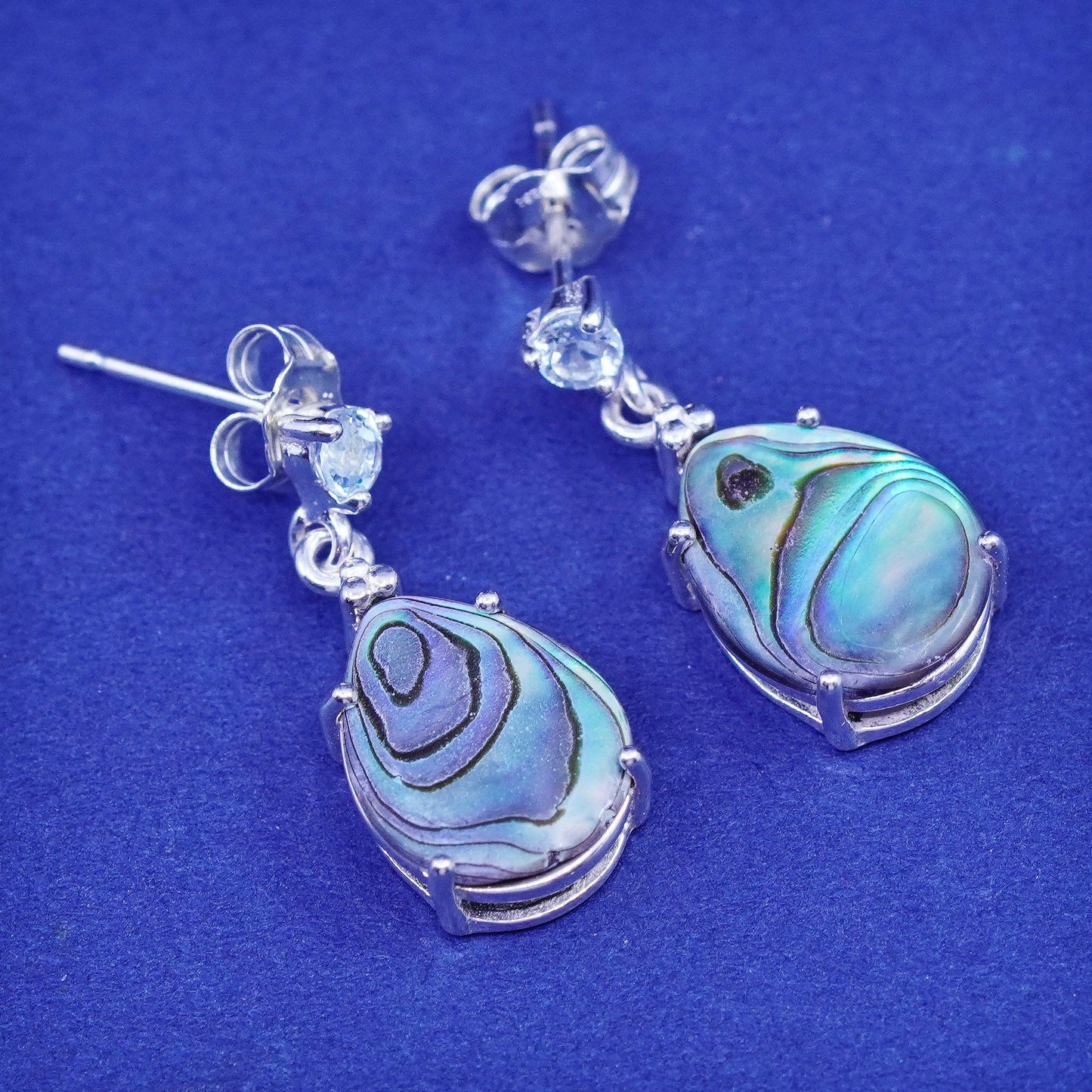 Vintage Sterling 925 silver handmade earrings with teardrop abalone and cz