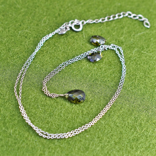 16+1.5”, sterling silver necklace, circle chain teardrop olive crystal pendant