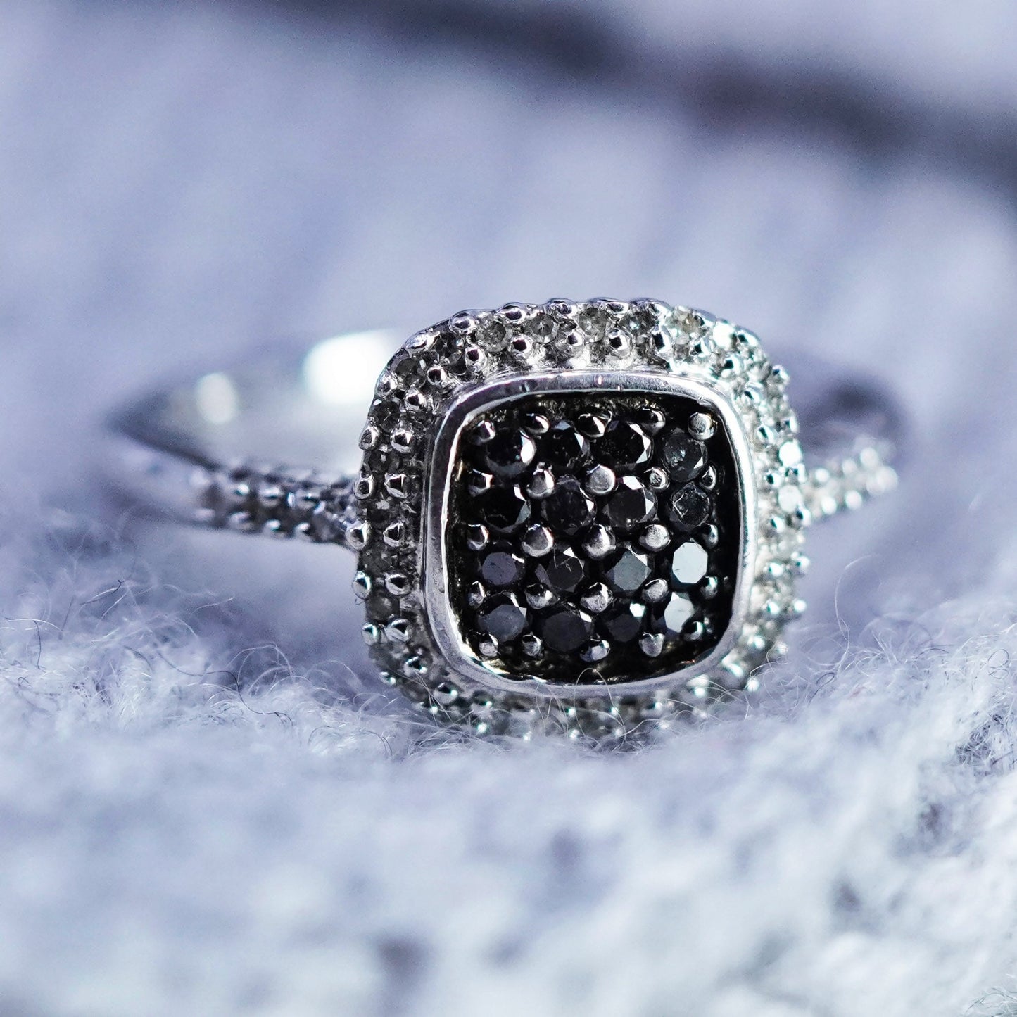 Size 7, Sterling 925 silver ring with cluster black and clear genuine diamond