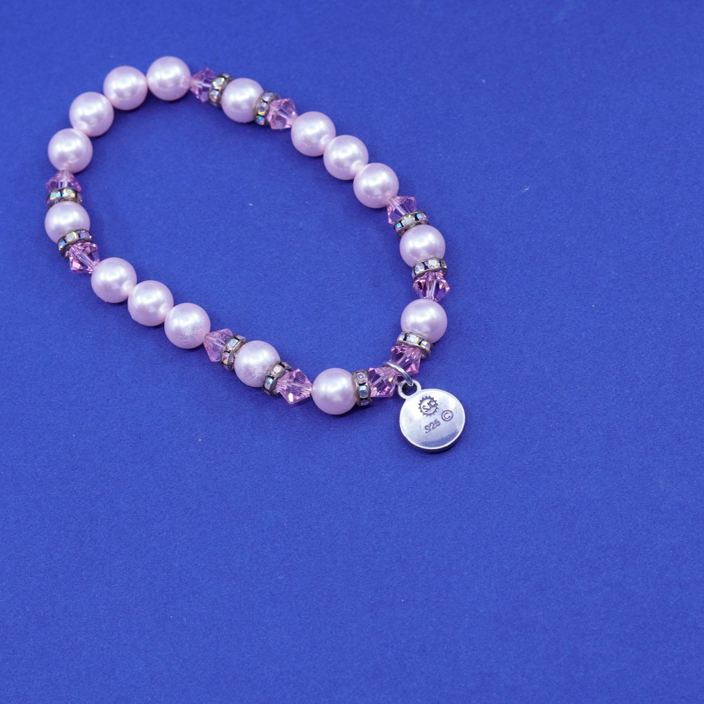 7”, SLC Sterling 925 silver handmade bracelet pearl pink beads miracles charm