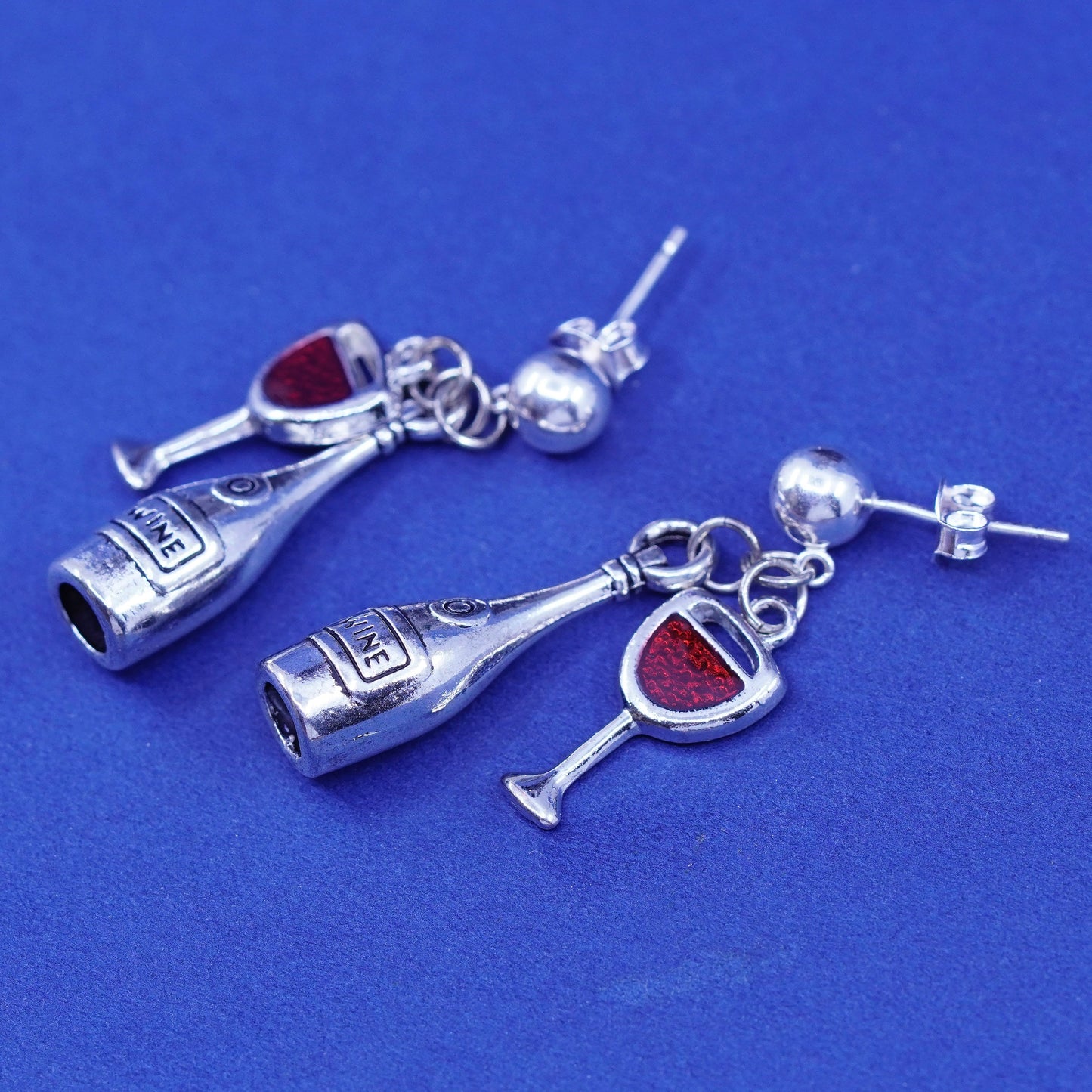 Vintage sterling 925 silver handmade wine bottle glass earrings with enamel