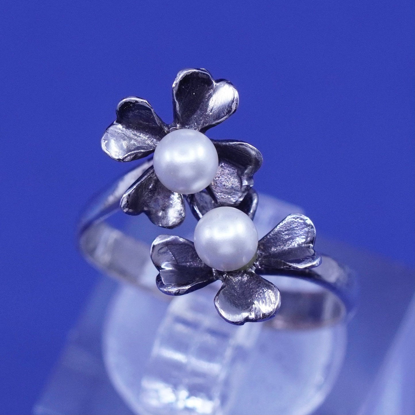 Size adjustable, vintage Sterling silver handmade ring, 925 flower with pearl