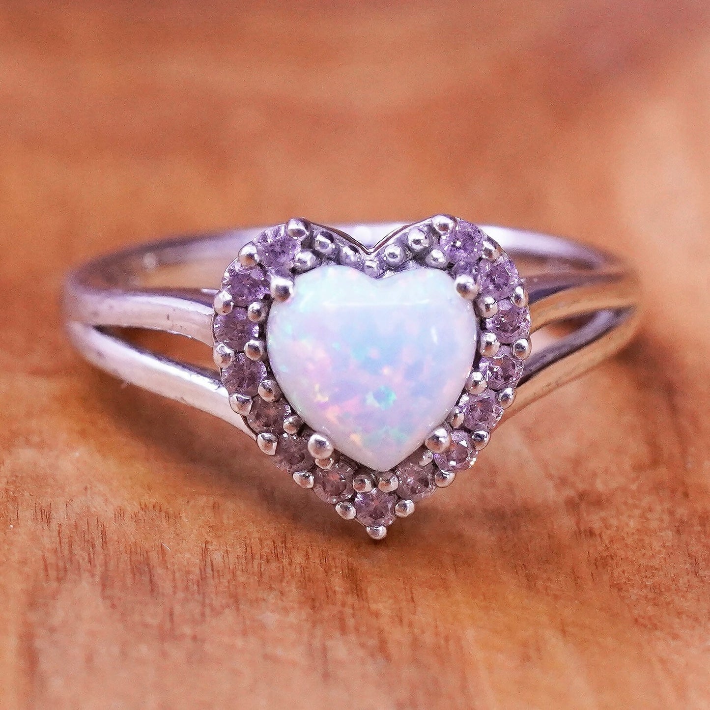 Size 7, vintage Sterling 925 silver handmade ring with heart opal and pink cz